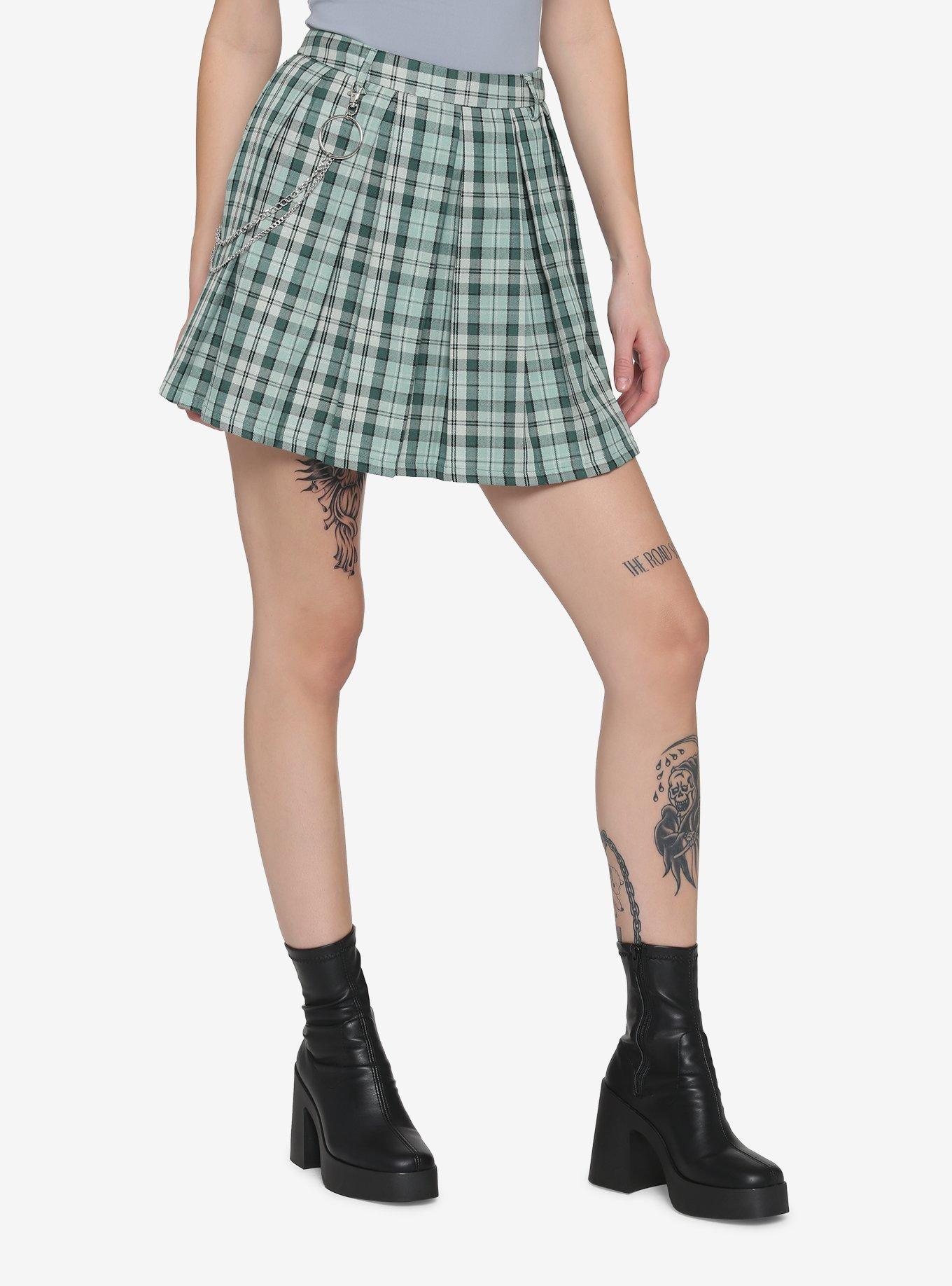 Green Plaid O-Ring Chain Skirt, PLAID - GREEN, hi-res