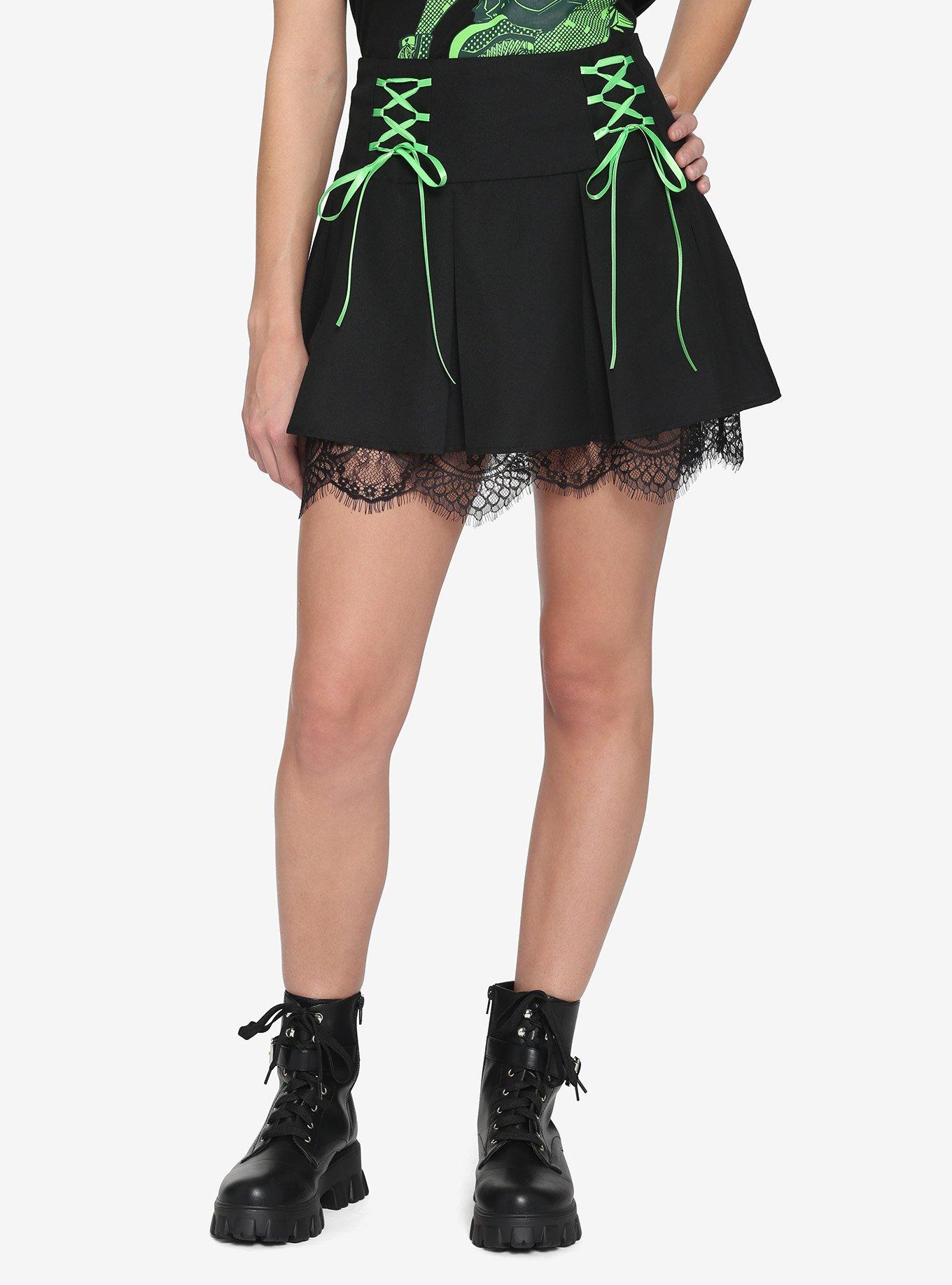 Black & Green Lace-Up Pleated Skirt, BLACK, hi-res