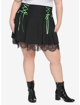 Black & Green Lace-Up Pleated Skirt Plus Size, , hi-res