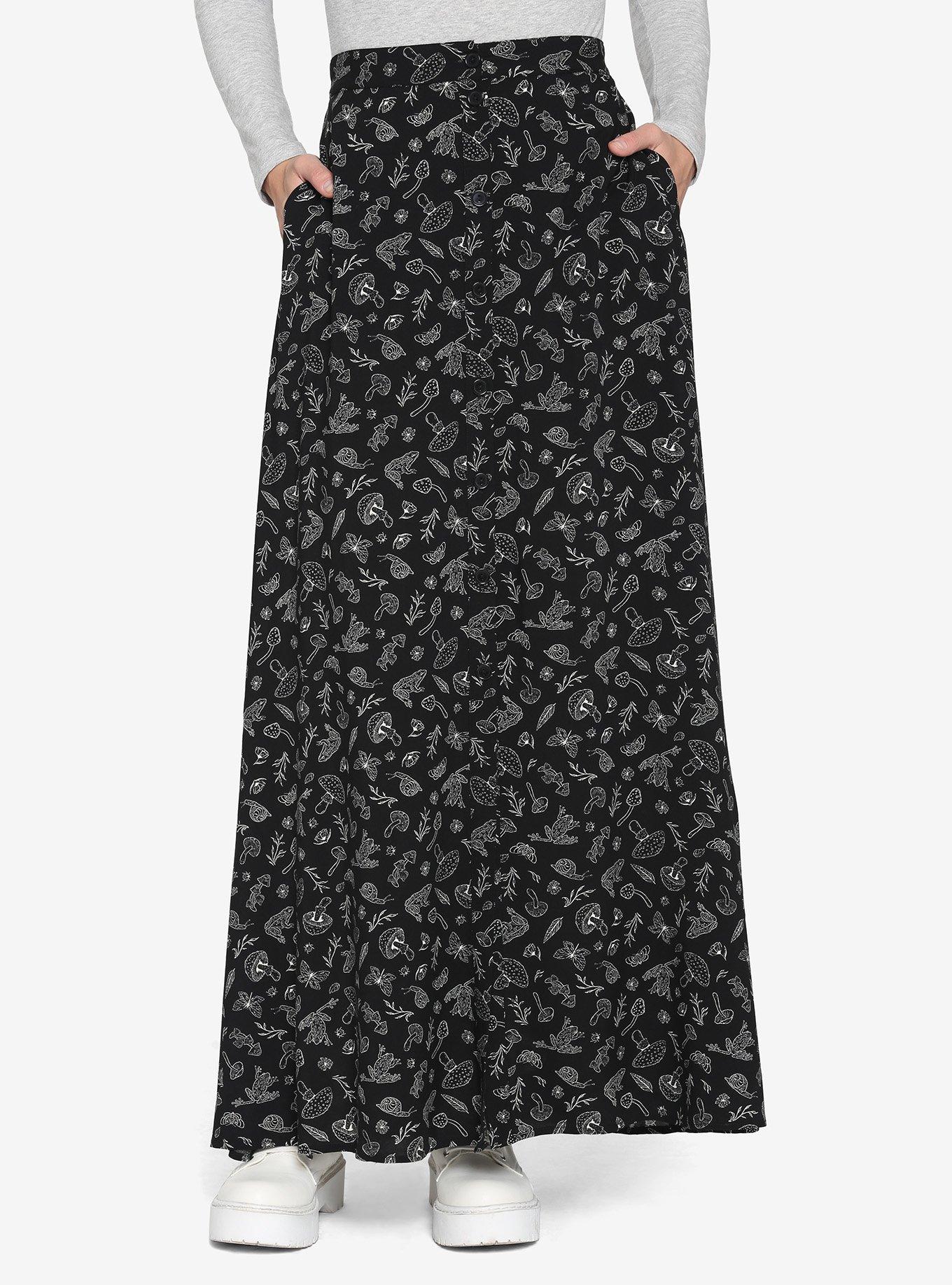 Woodland Button-Up Front Maxi Skirt, BLACK, hi-res