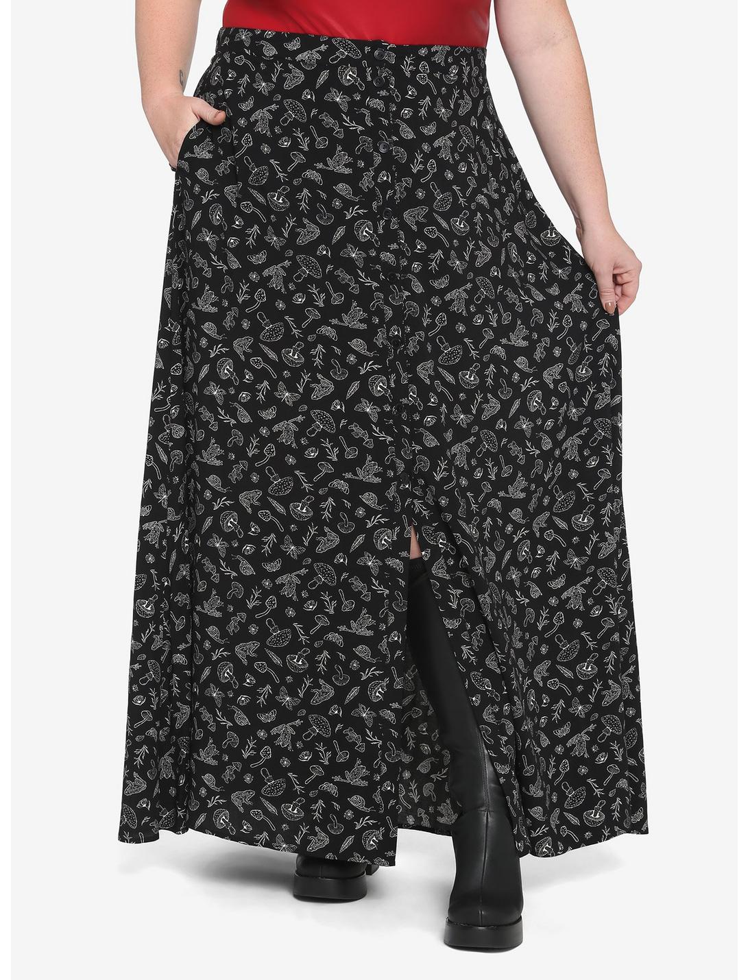 Woodland Button-Up Front Maxi Skirt Plus Size, BLACK, hi-res