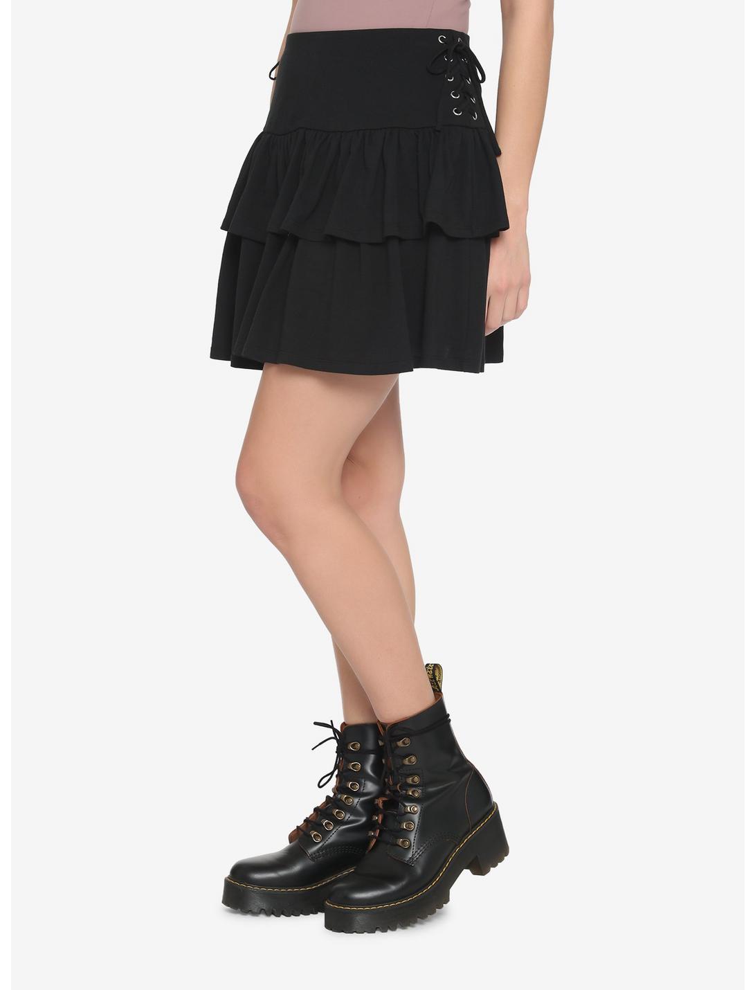 Black Lace-Up Tiered Skirt, BLACK, hi-res