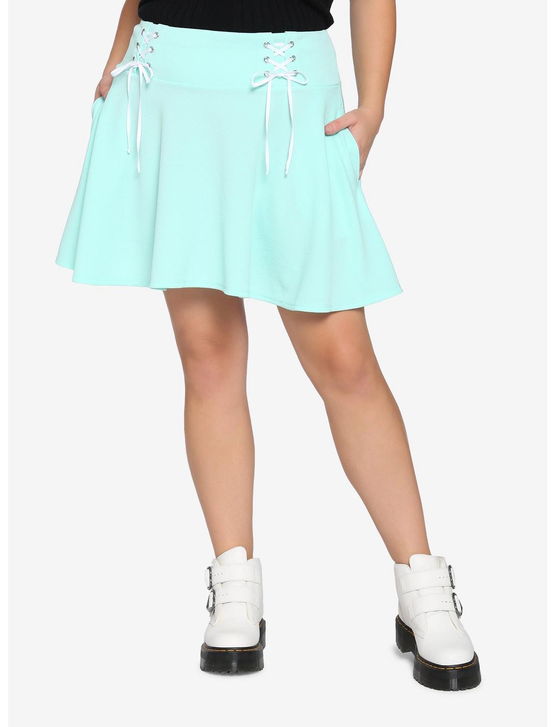 Mint Yoke Lace-Up Skirt Plus Size, MINT, hi-res