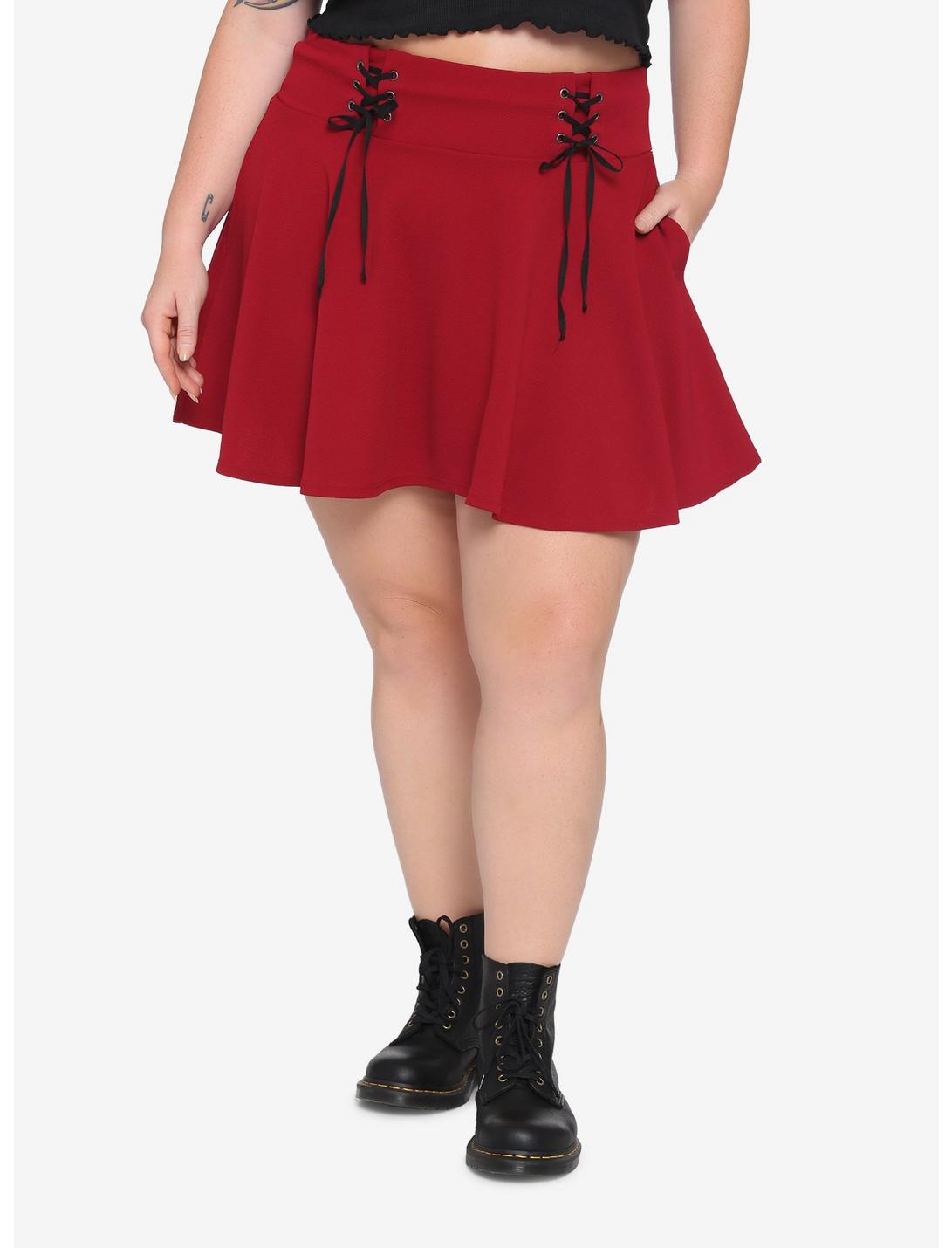 Red & Black Lace-Up Skirt Plus Size, BURGUNDY, hi-res