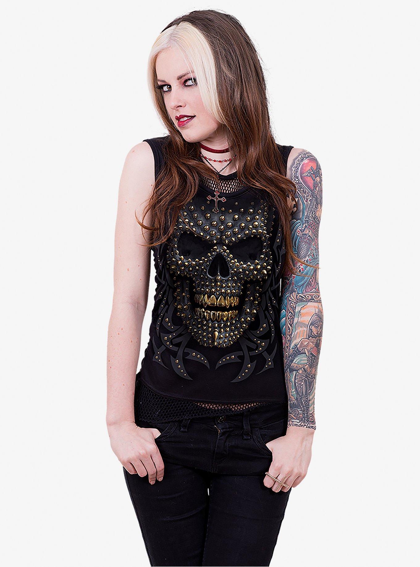 Black Gold Skull 2 in 1 Mesh Halter Top, BLACK, hi-res