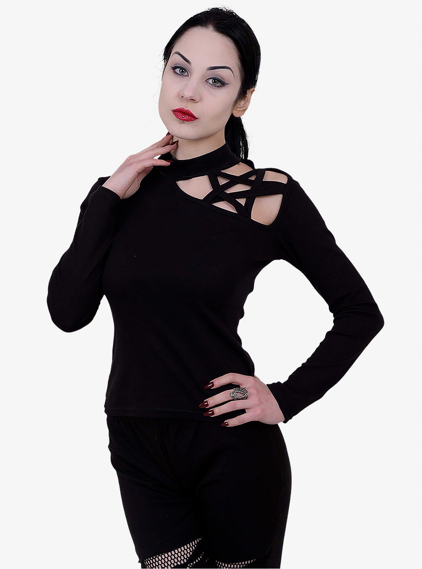 Black Pentagram Shoulder Longsleeve Top, BLACK, hi-res