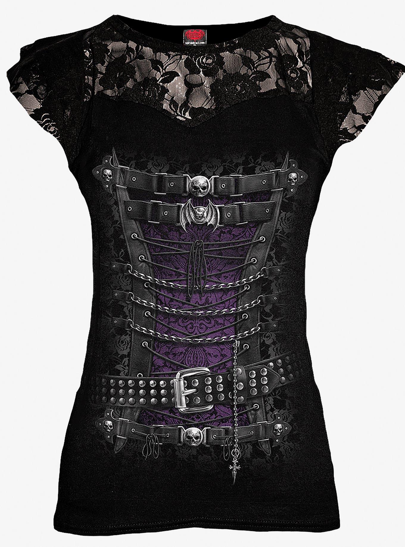 Corset Detail Lace Layered Viscose Top, BLACK, hi-res