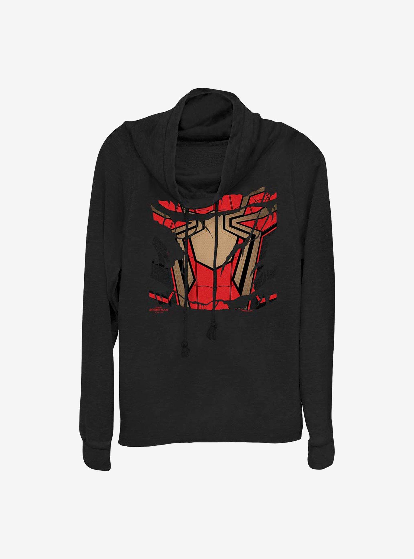 Marvel Spider-Man Ripped Spidey Suit Cowlneck Long-Sleeve Girls Top, BLACK, hi-res