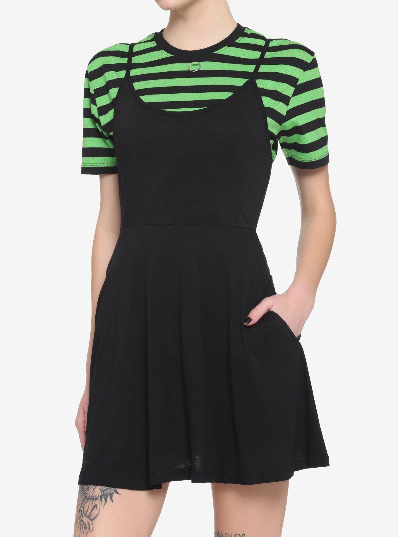 Black & Green Stripe Twofer Skater Dress, STRIPES, hi-res