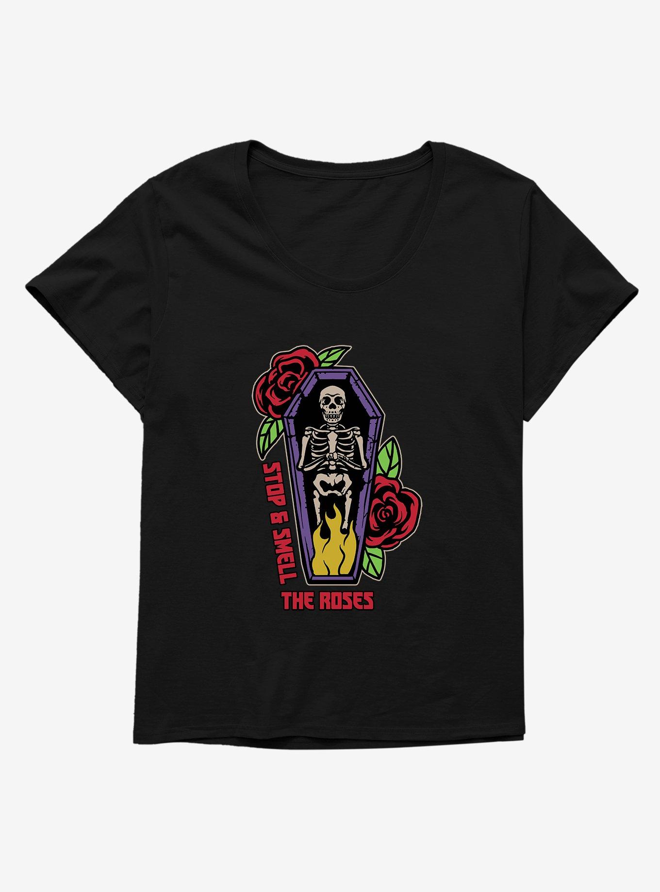 Halloween Smell The Roses Skeleton Plus Size T-Shirt, BLACK, hi-res