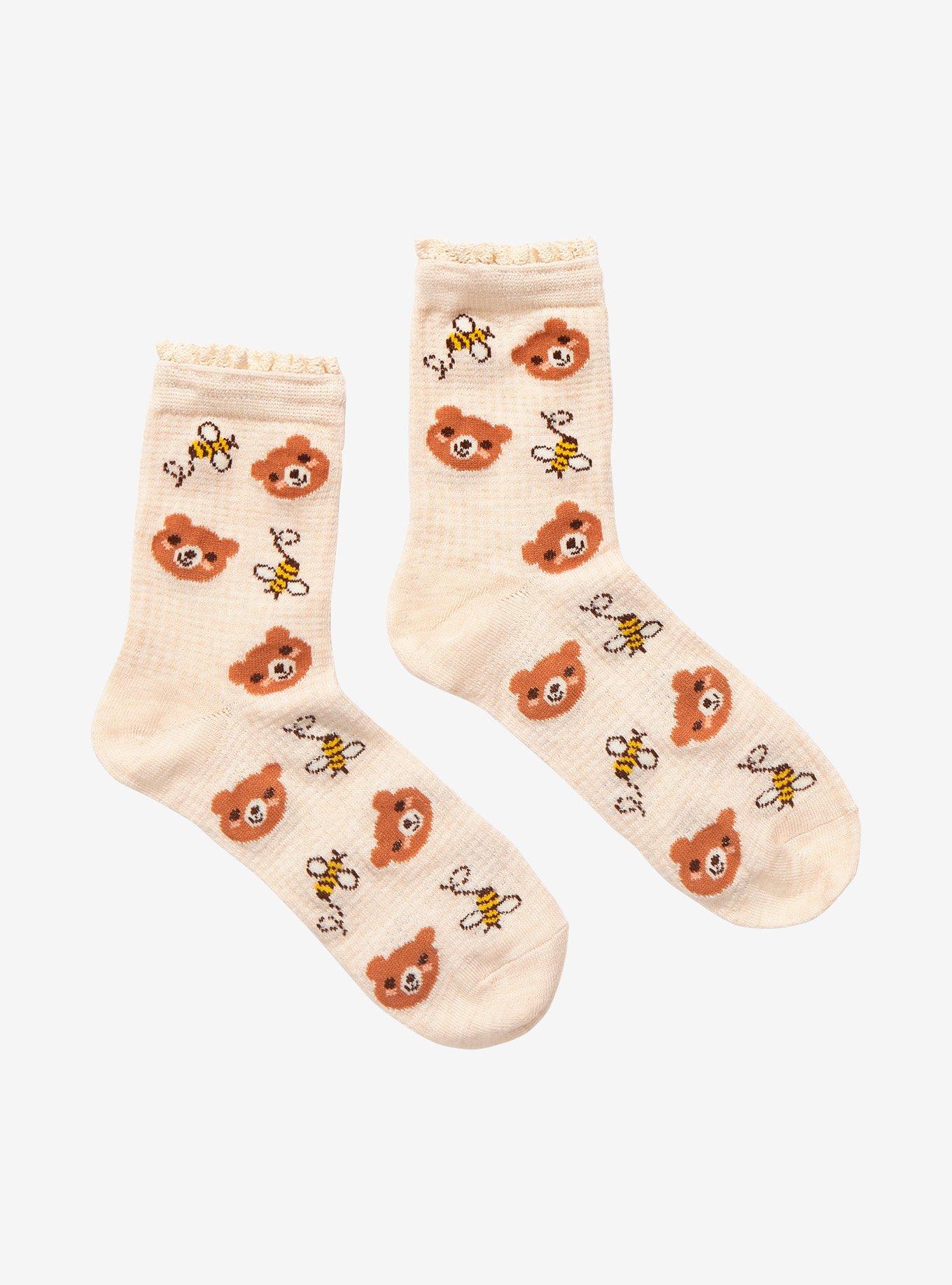 Bear & Bees Waffle Knit Ruffle Ankle Socks, , hi-res
