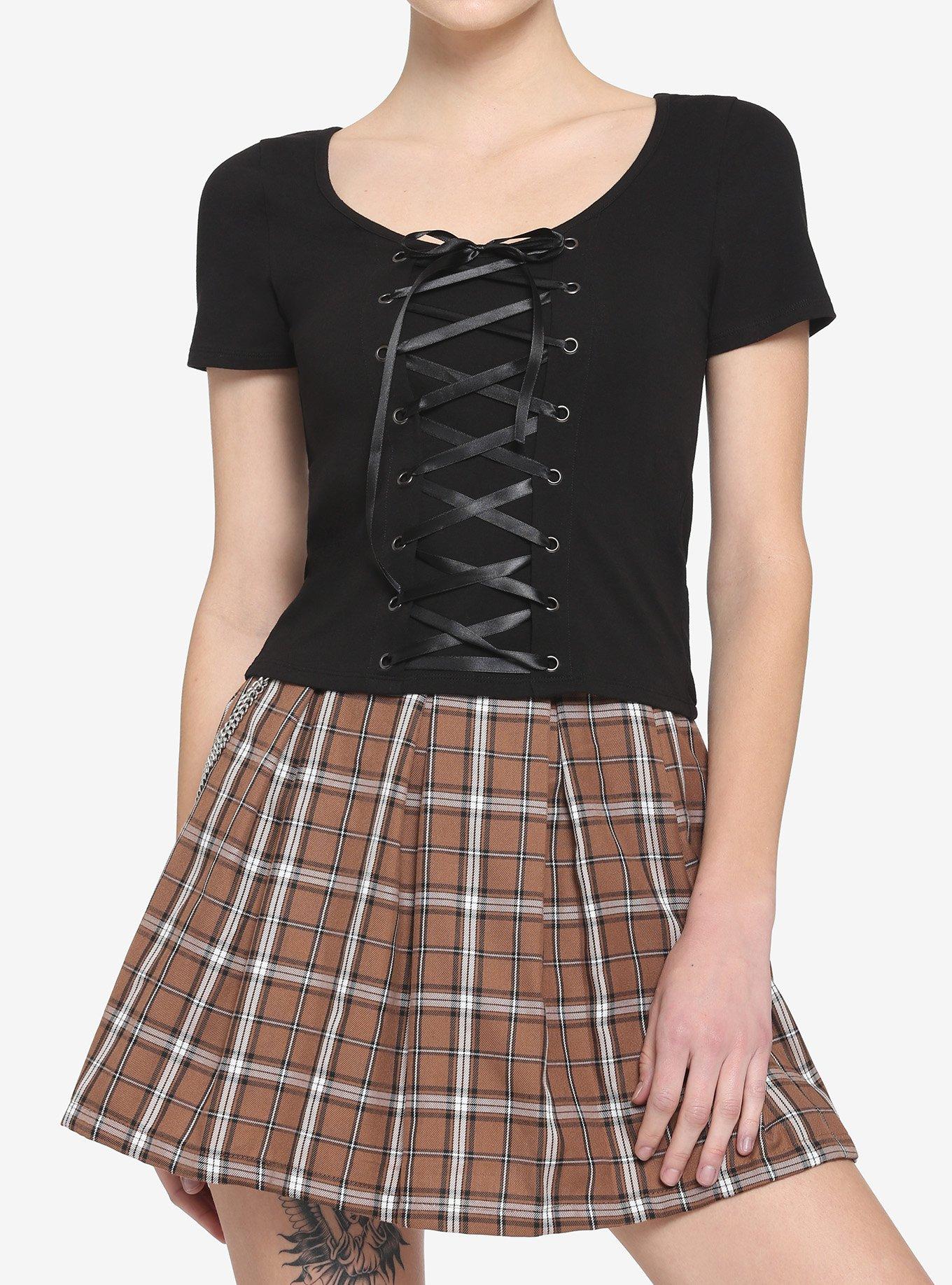 Black Lace-Up Girls Crop T-Shirt, BLACK, hi-res