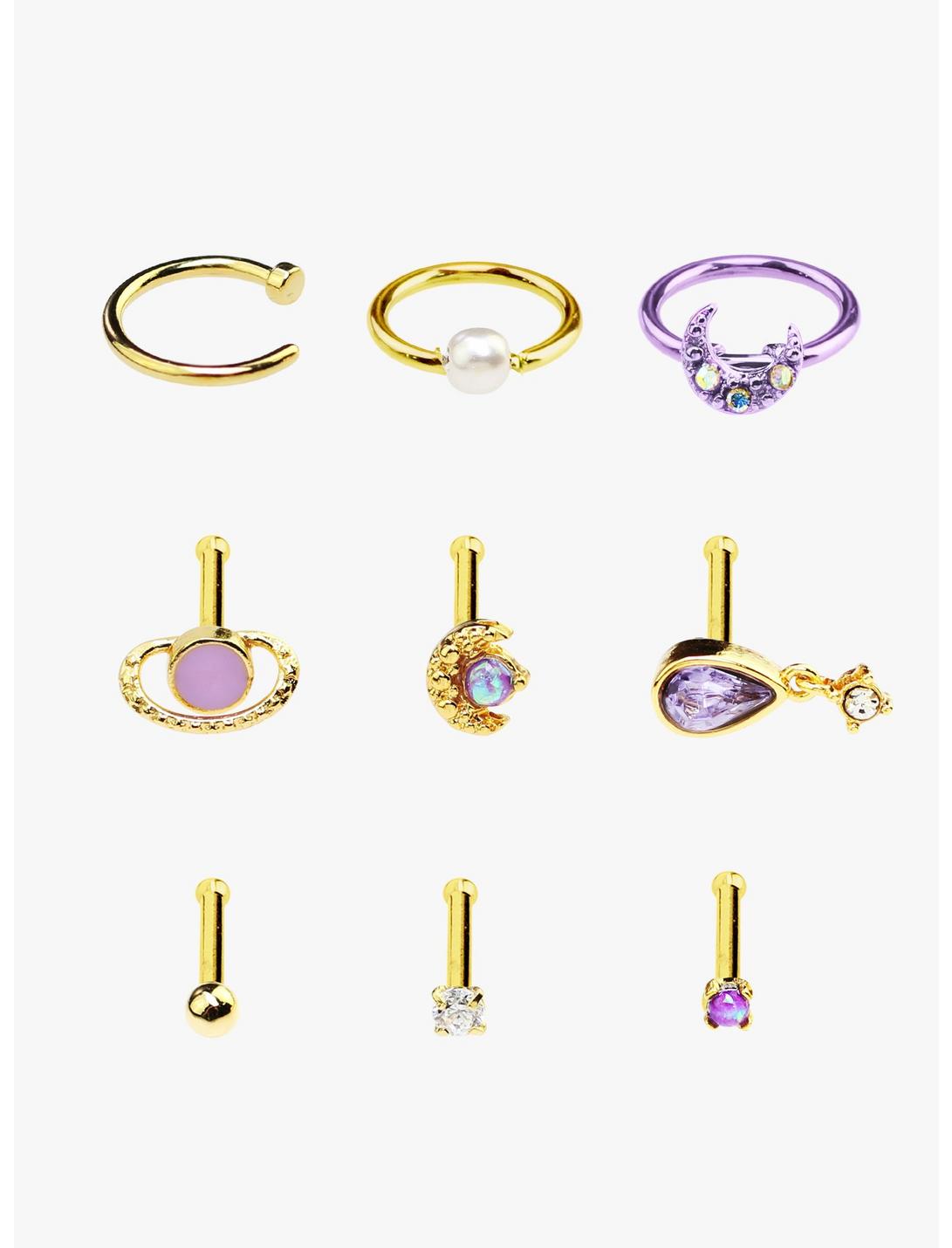 Steel Gold & Lilac Celestial Nose Stud & Hoop 9 Pack | Hot Topic