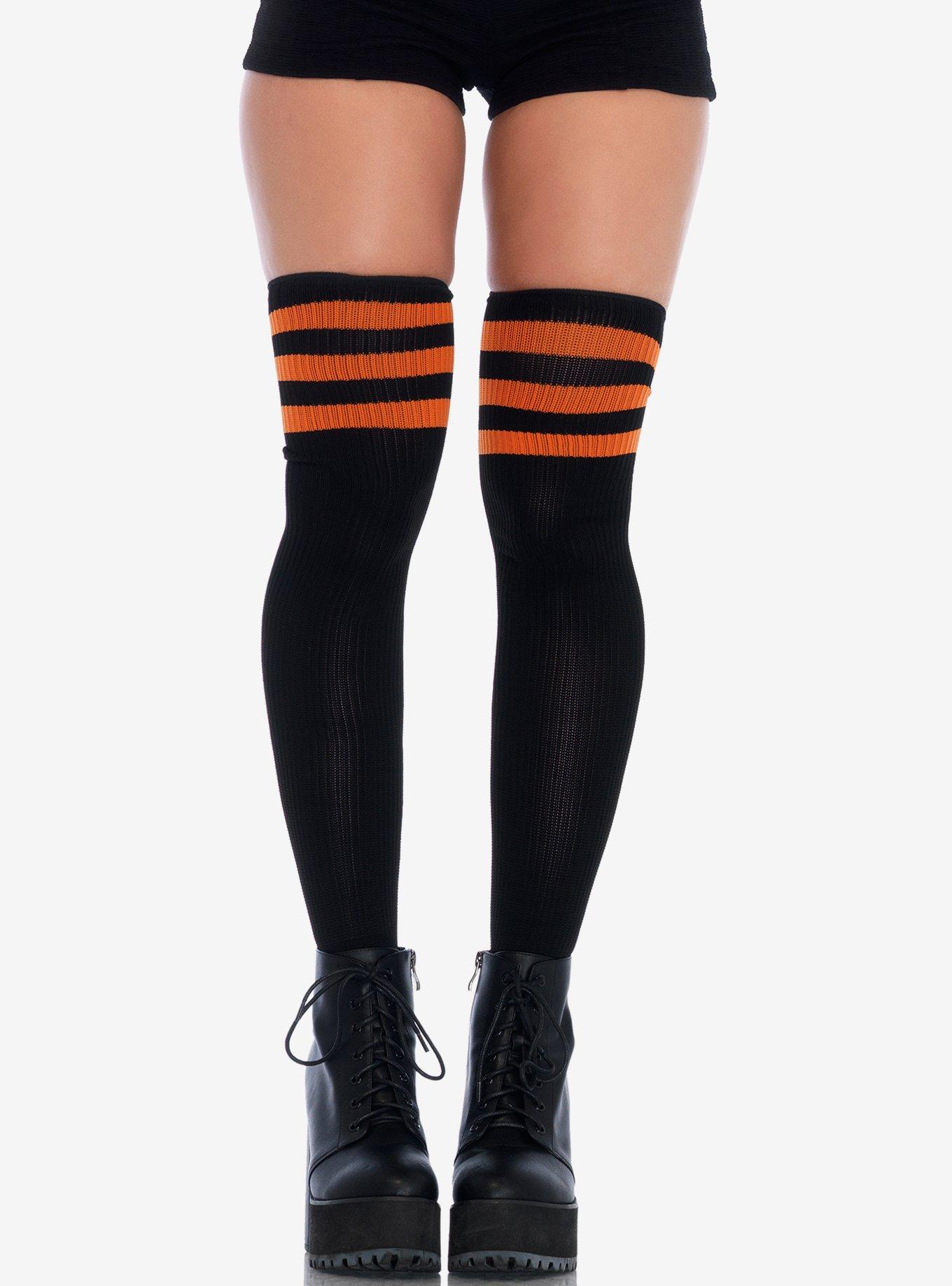 Black & Stripe Ribbed Athletic Thigh High Socks