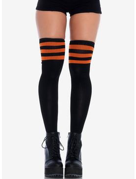 Black & Orange Stripe Ribbed Athletic Thigh High Socks, , hi-res