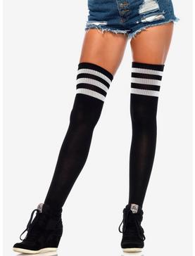 Black & White Stripe Ribbed Athletic Thigh High Socks, , hi-res