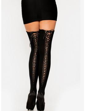 BLACK RIBBON Lace Up Top Stockings Corset Fishnet Stockings Thigh High Socks S M