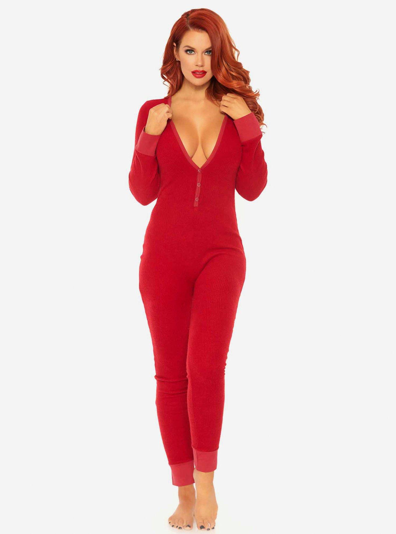 Cozy Brushed Rib Long Johns Red, , hi-res