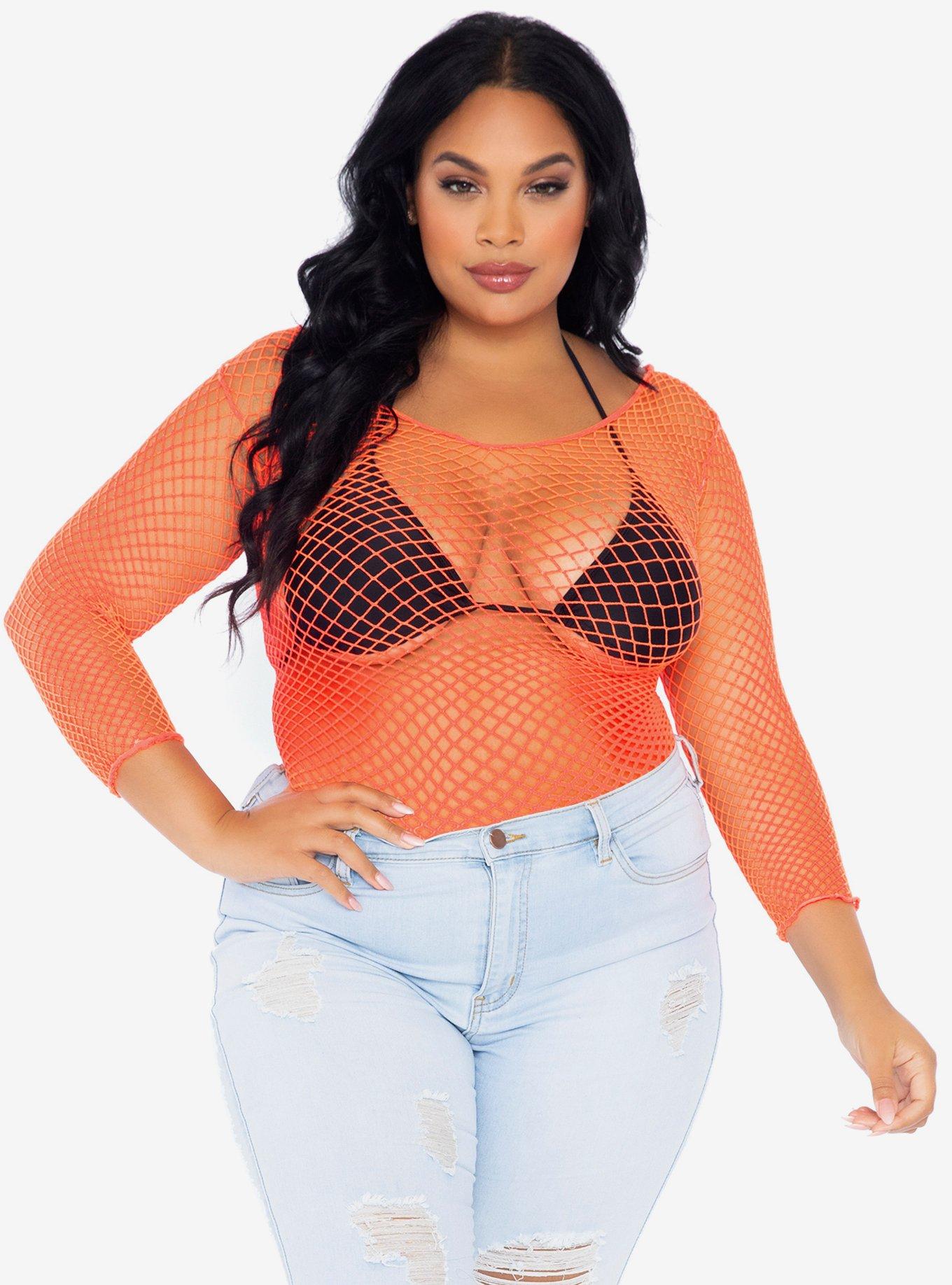 Net Long Sleeve Coral Shirt Plus Size, , hi-res