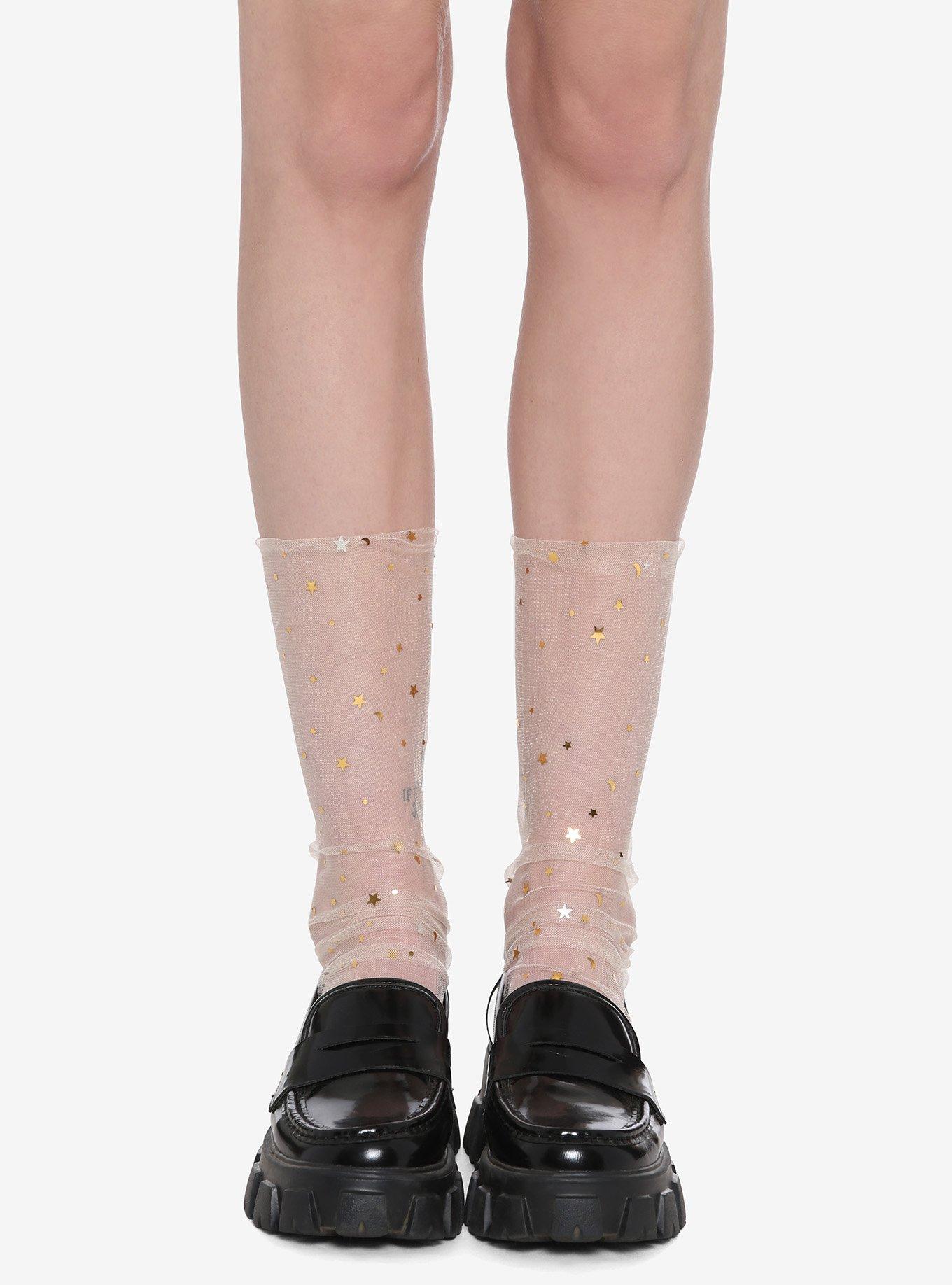 Nude Gold Star Sheer Crew Socks, , hi-res