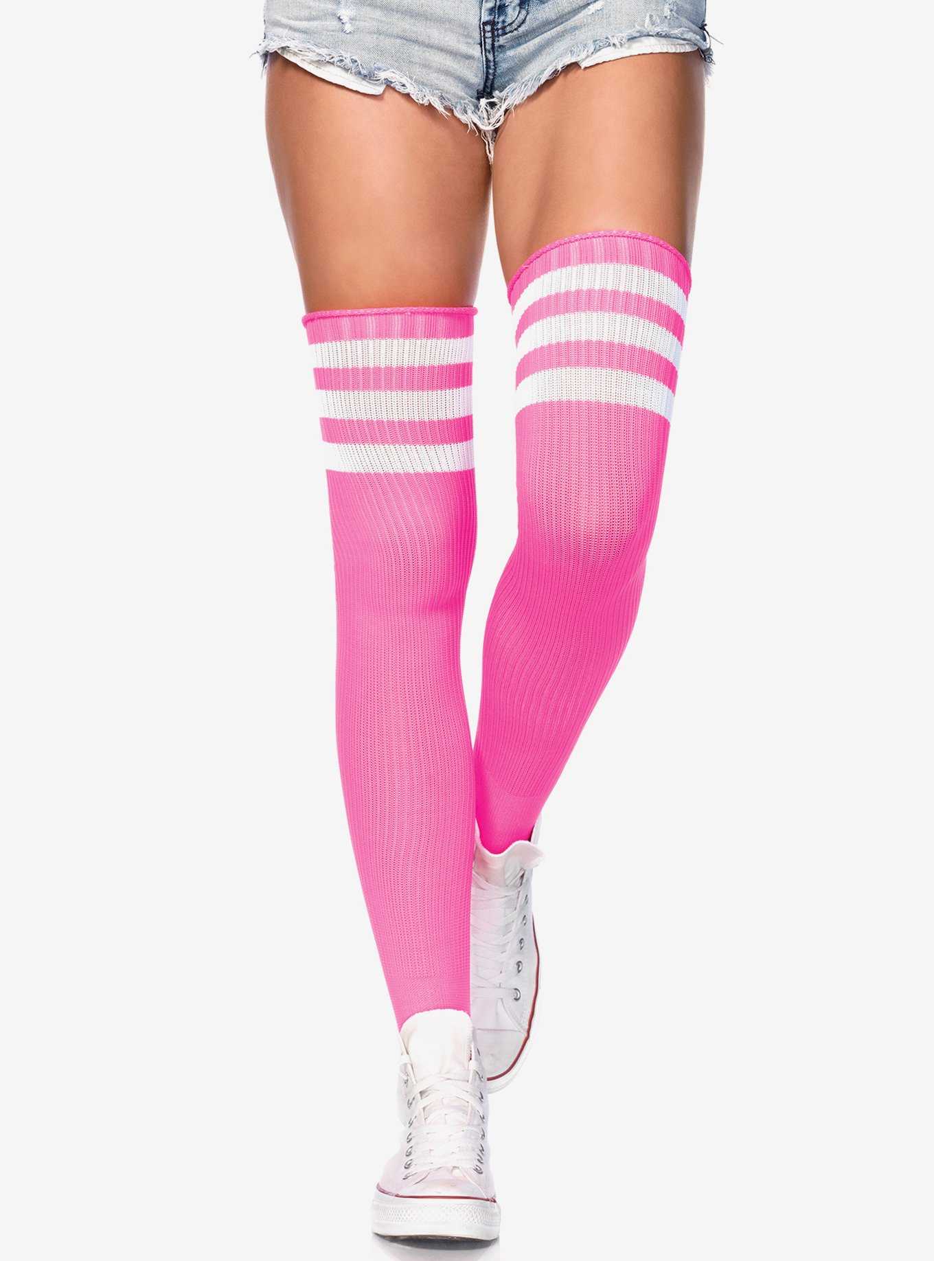 Pink Stripe Ribbed Athletic Thigh High Socks, , hi-res