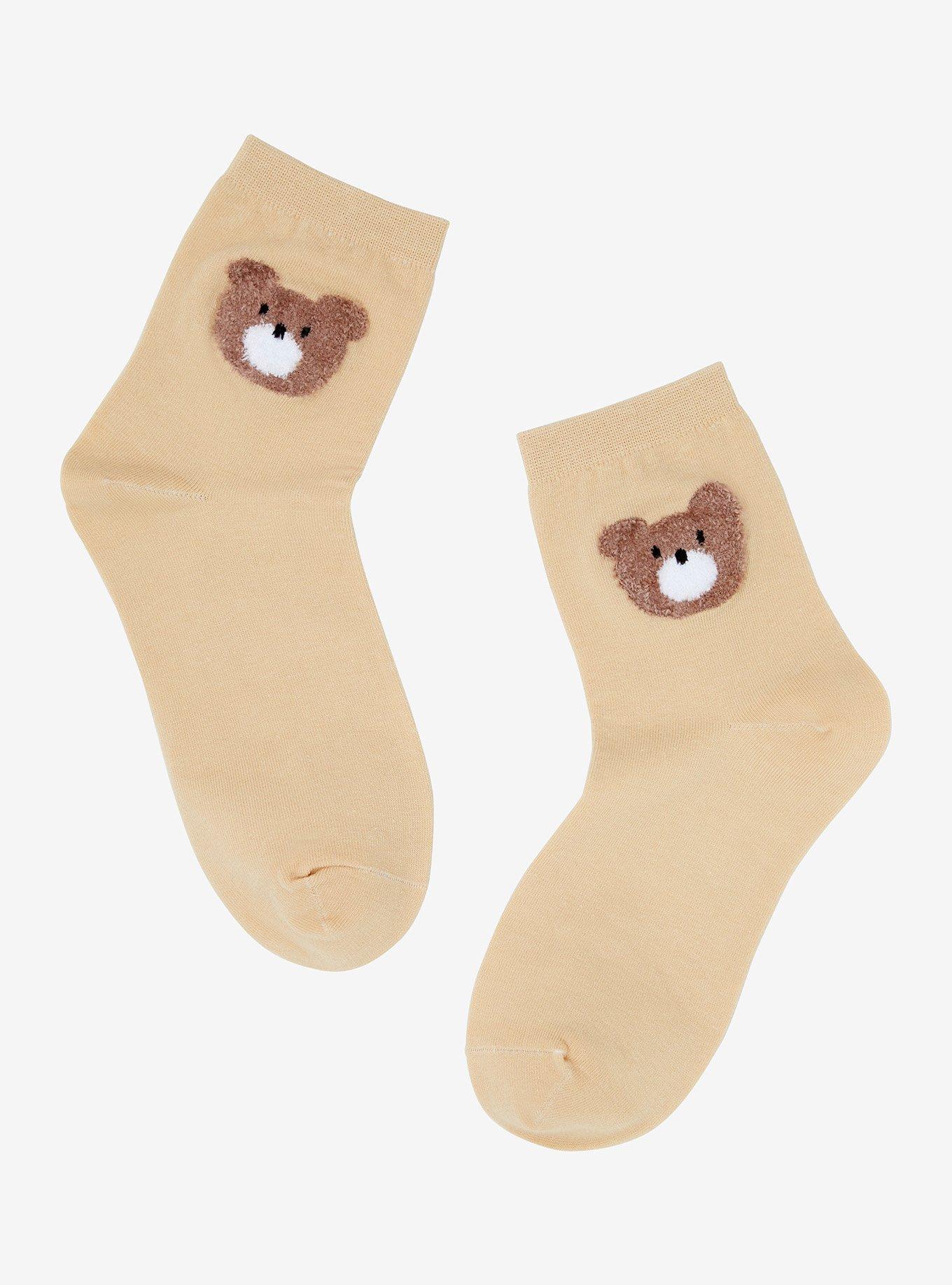 Brown Fuzzy Bear Ankle Socks, , hi-res