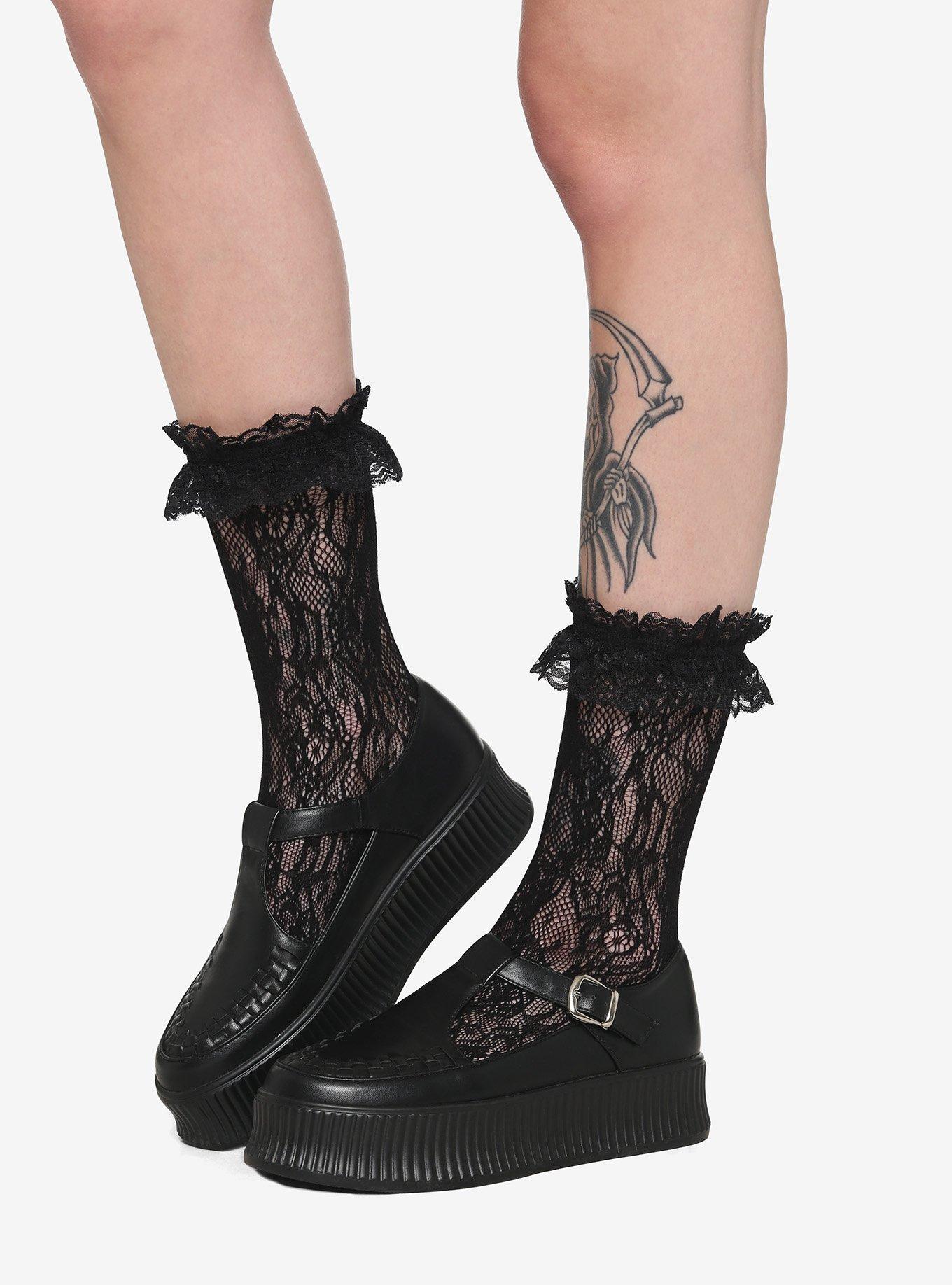 Black Floral Lace Ruffle Socks, , hi-res