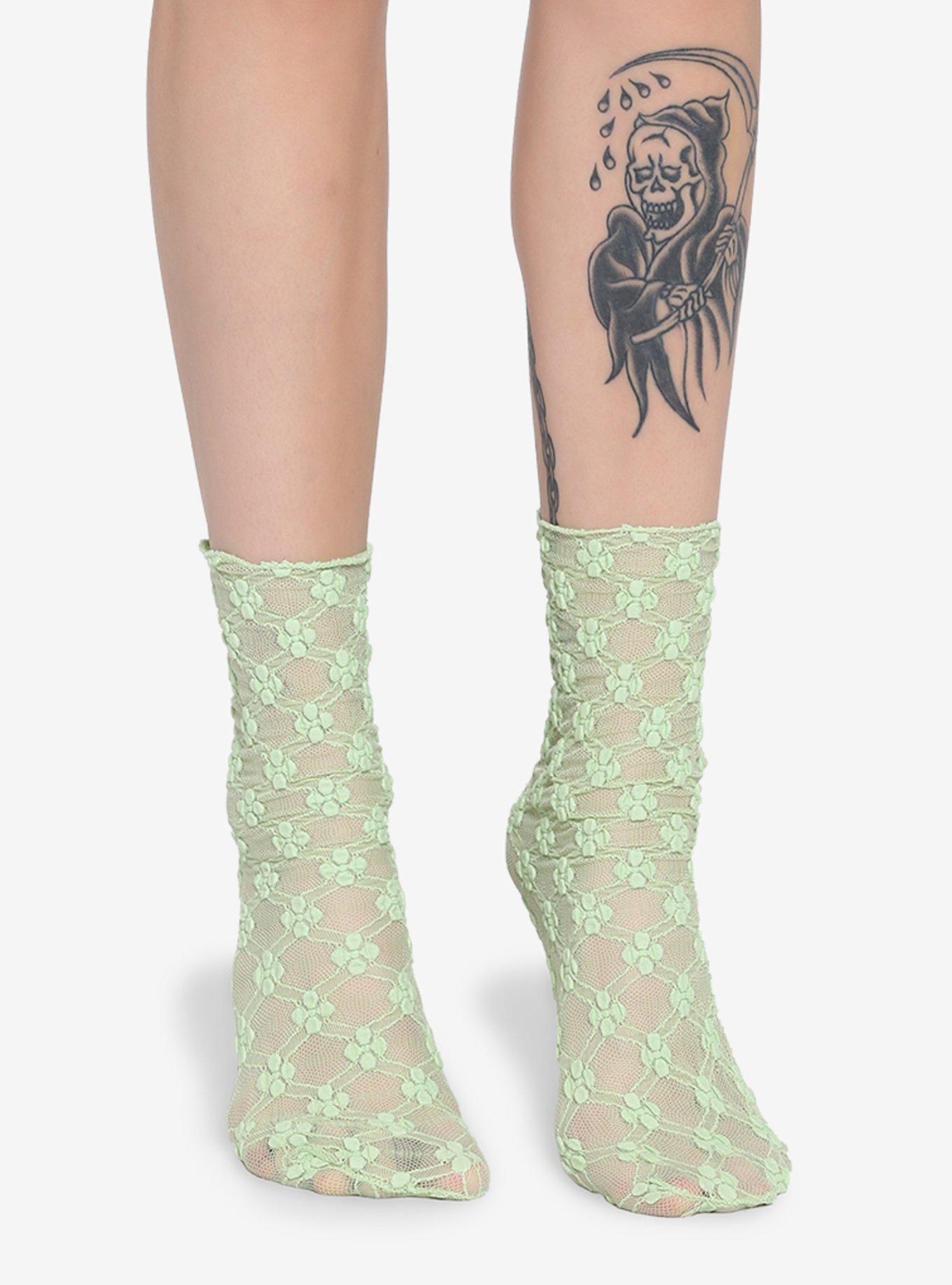 Green Floral Lace Socks, , hi-res