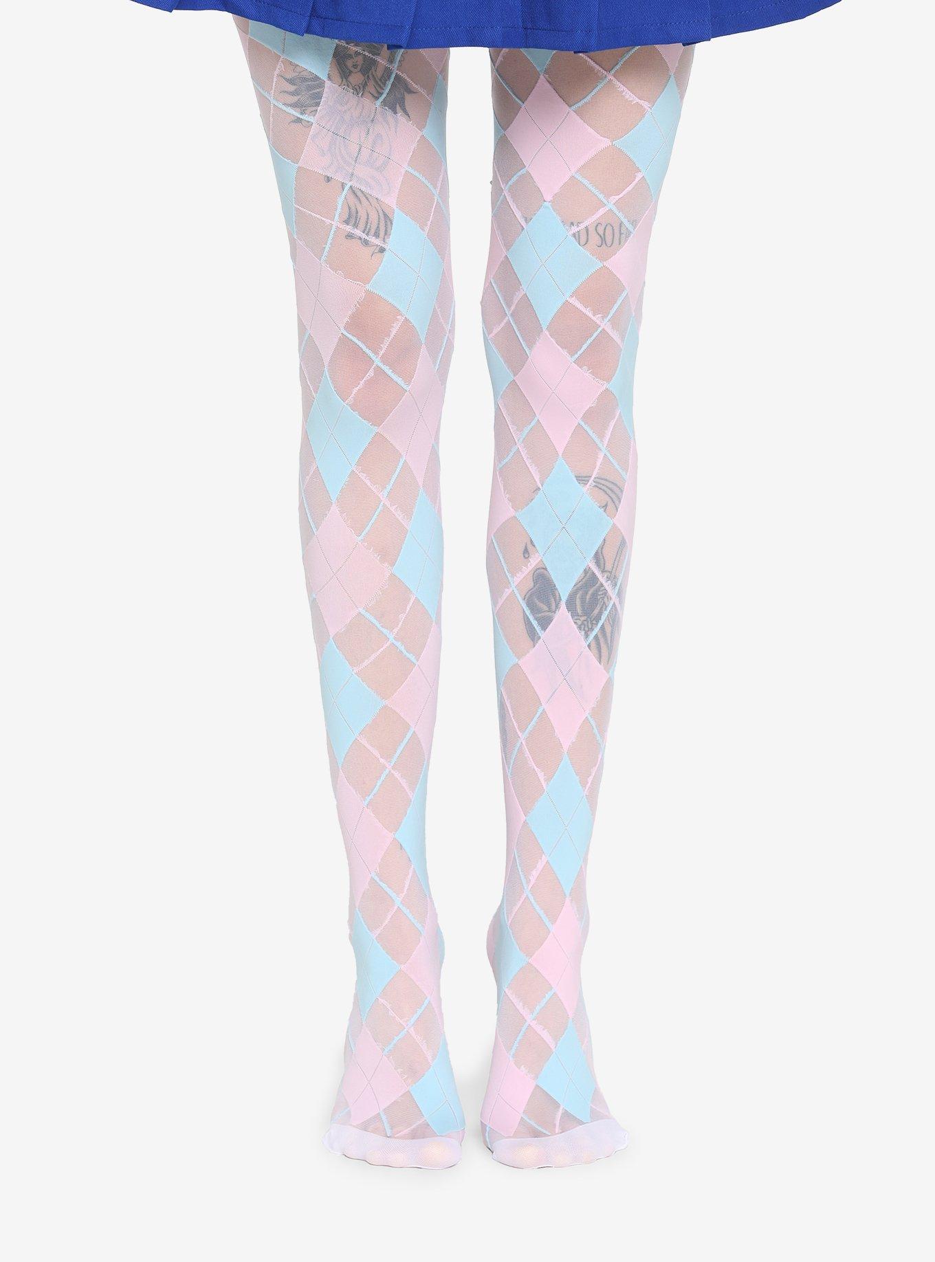 Pastel Pink & Blue Argyle Sheer Tights, , hi-res