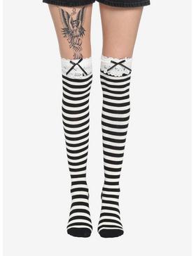 Black & Cream Stripe Lace Knee-High Socks, , hi-res