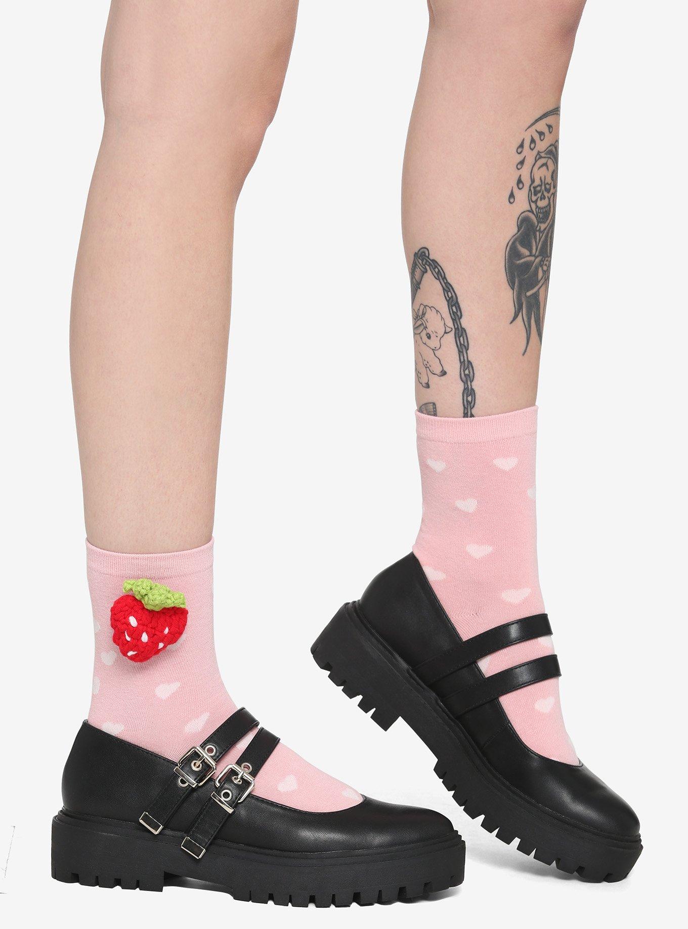 Pink Crochet Strawberry Crew Socks, , hi-res