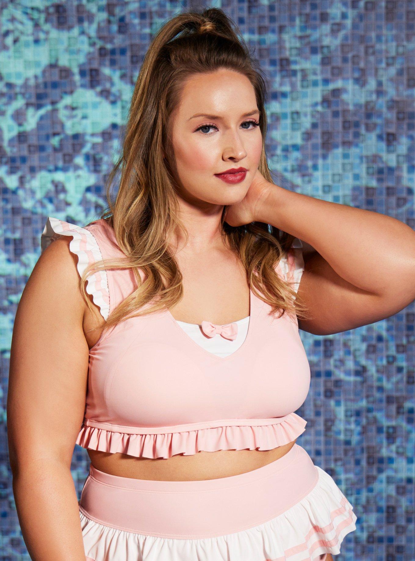 Pink & White Sailor Ruffle Swim Top Plus Size, MULTI, hi-res