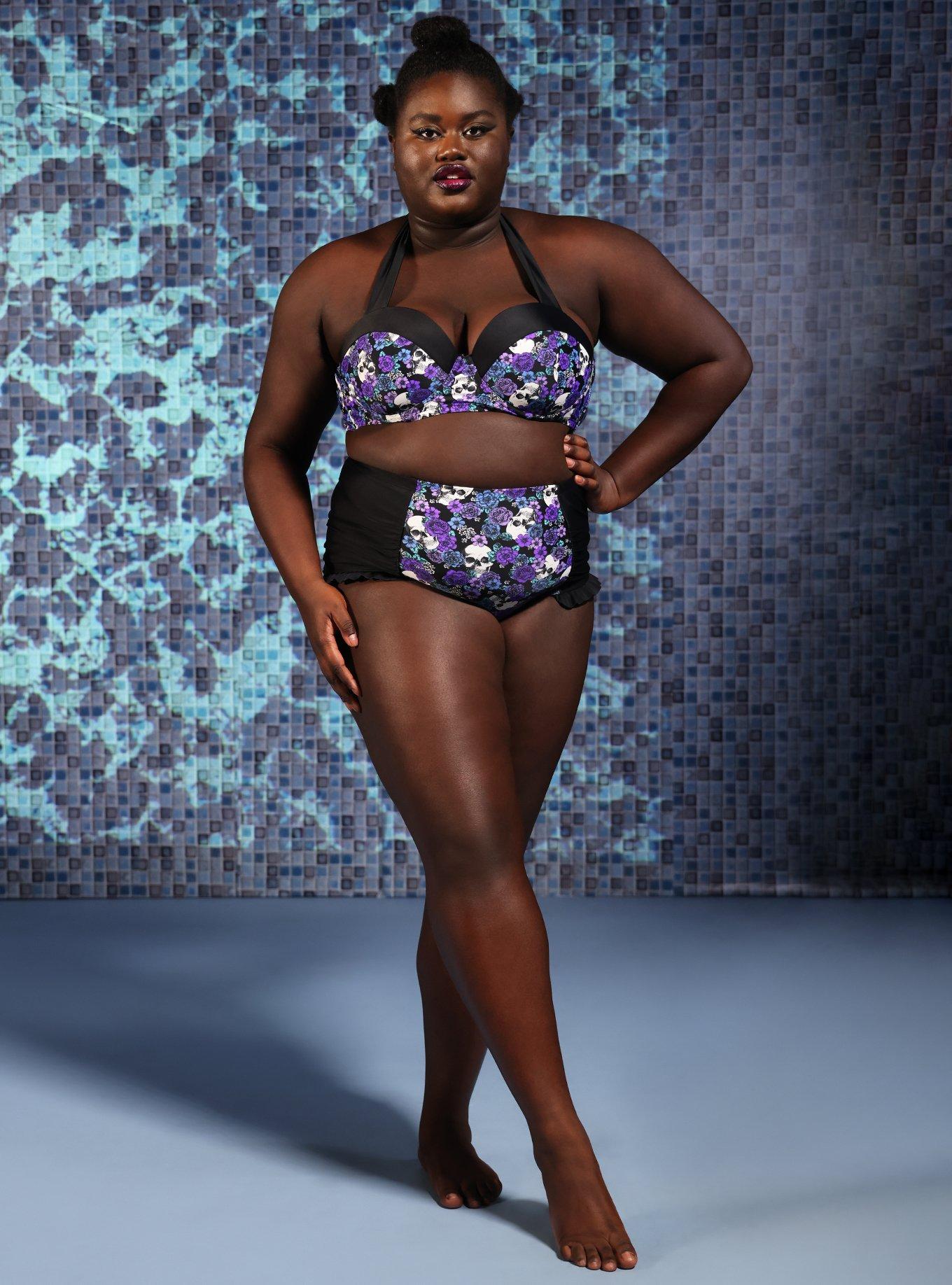 Skull Purple Floral Ruffle Swim Bottoms Plus Size, MULTI, hi-res