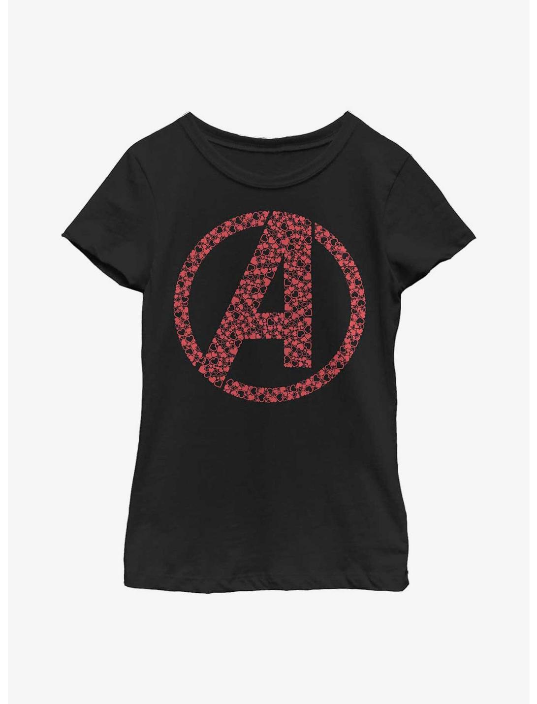 Marvel Avengers Logo Heart Fill Youth Girls T-Shirt, BLACK, hi-res