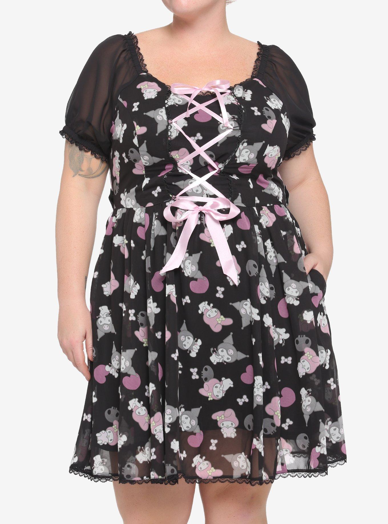 My Melody & Kuromi Lace-Up Chiffon Dress Plus Size, MULTI, hi-res