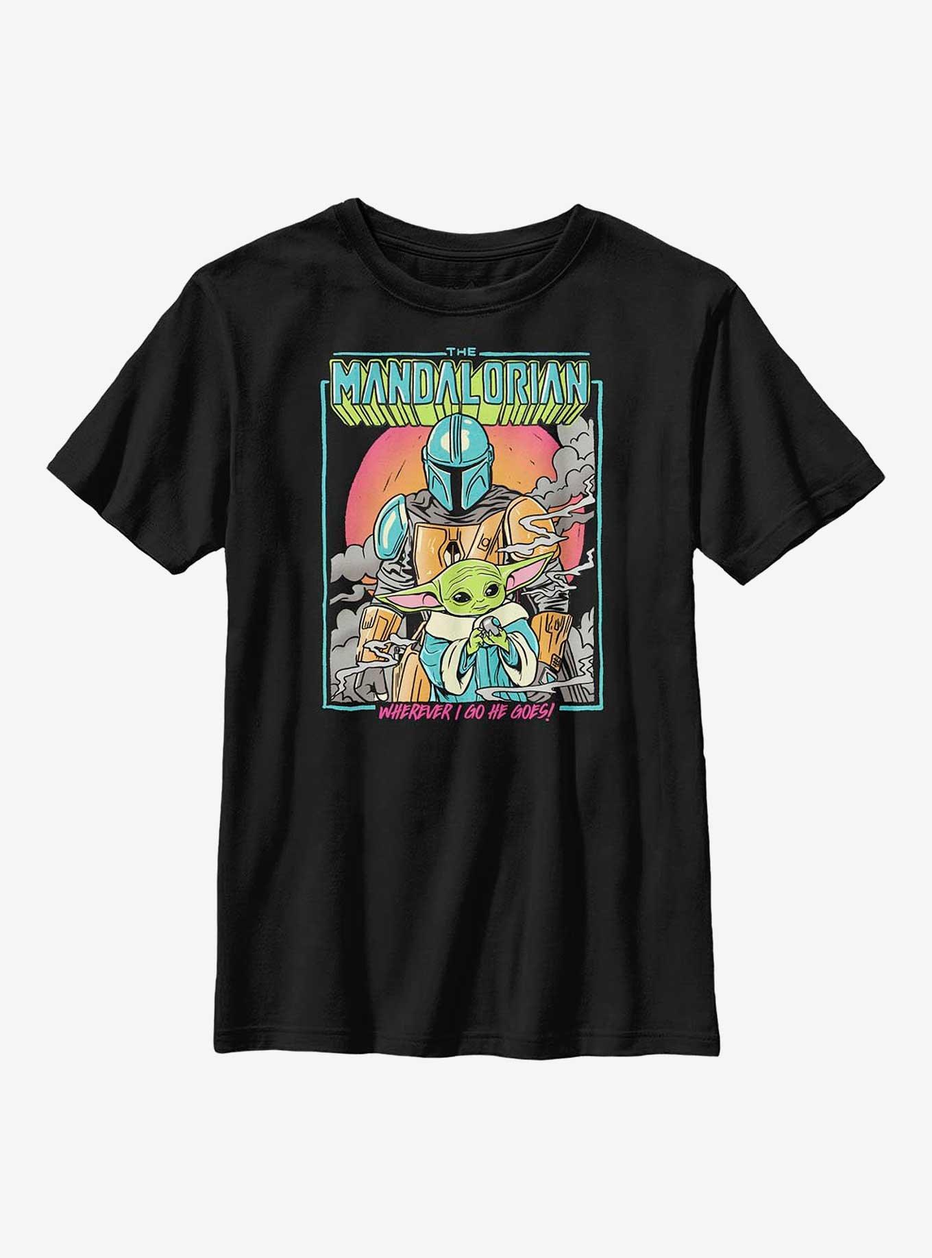 Star Wars The Mandalorian He Goes Youth T-Shirt, BLACK, hi-res