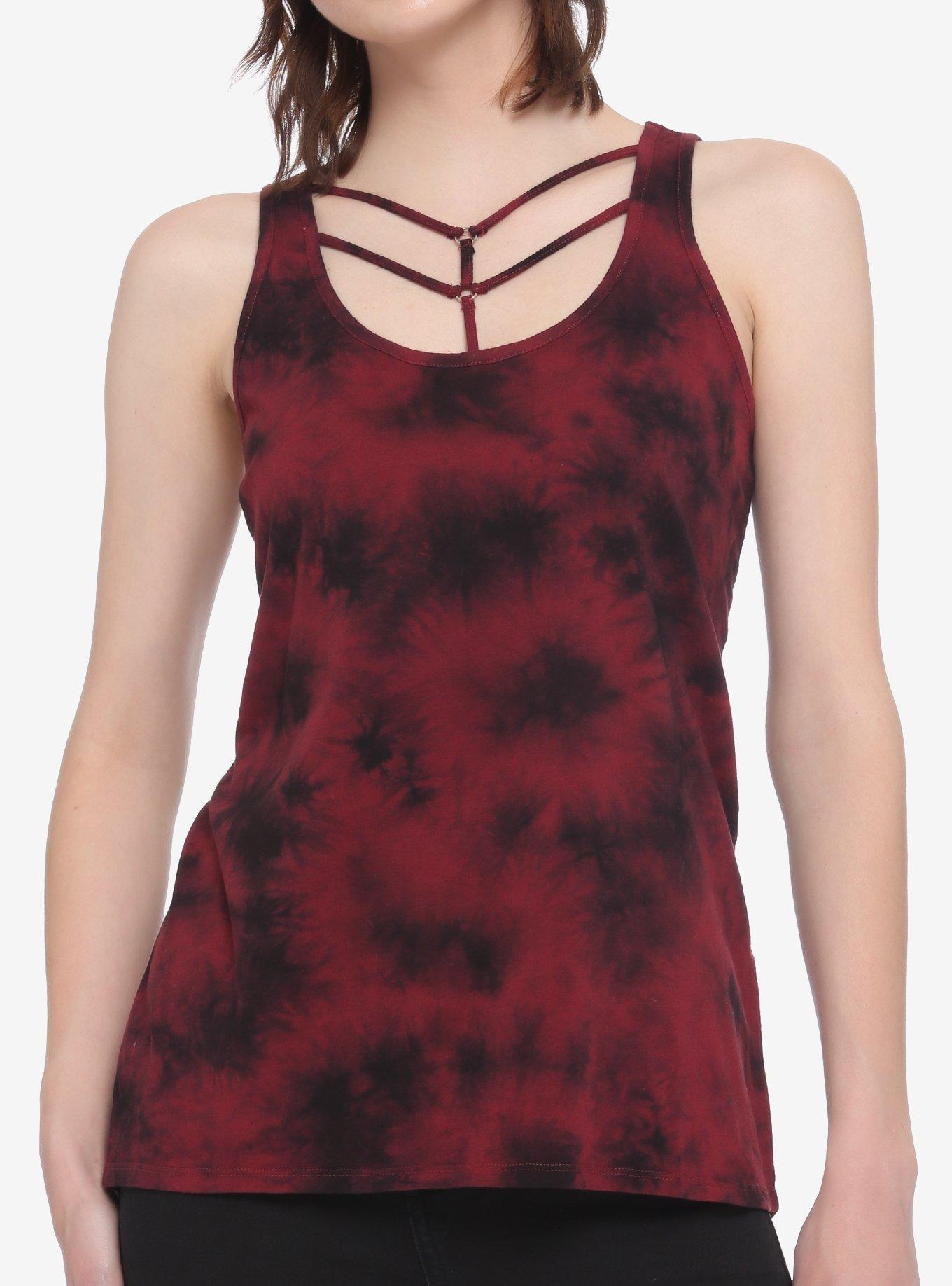 Red & Black Tie-Dye Strappy Hi-Low Girls Tank Top, TIE DYE, hi-res