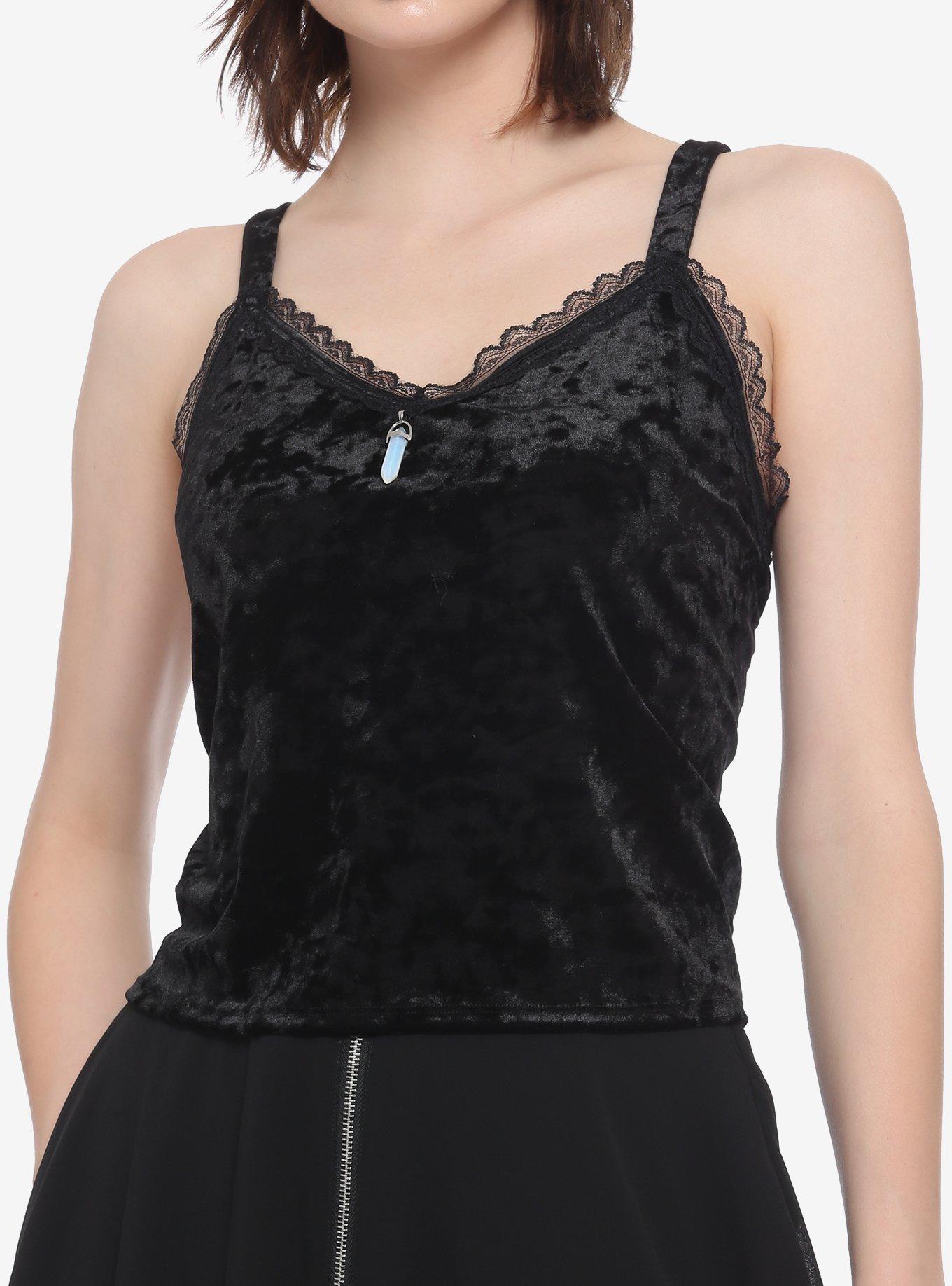 Crushed Velvet & Crystal Charm Girls Strappy Crop Tank Top, BLACK, hi-res