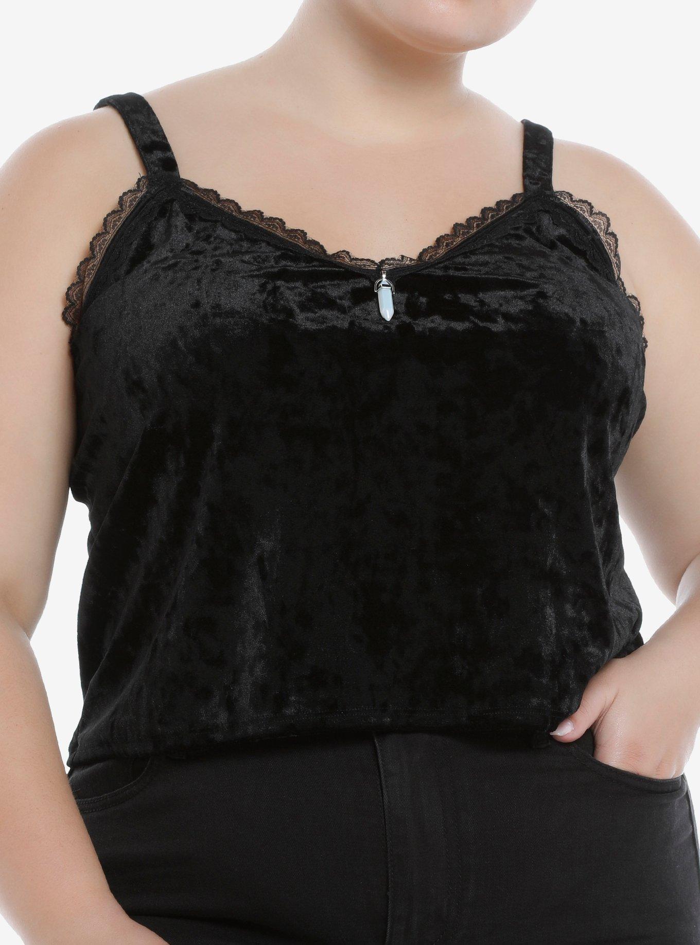 Crushed Velvet & Crystal Charm Girls Strappy Crop Tank Top Plus Size, BLACK, hi-res