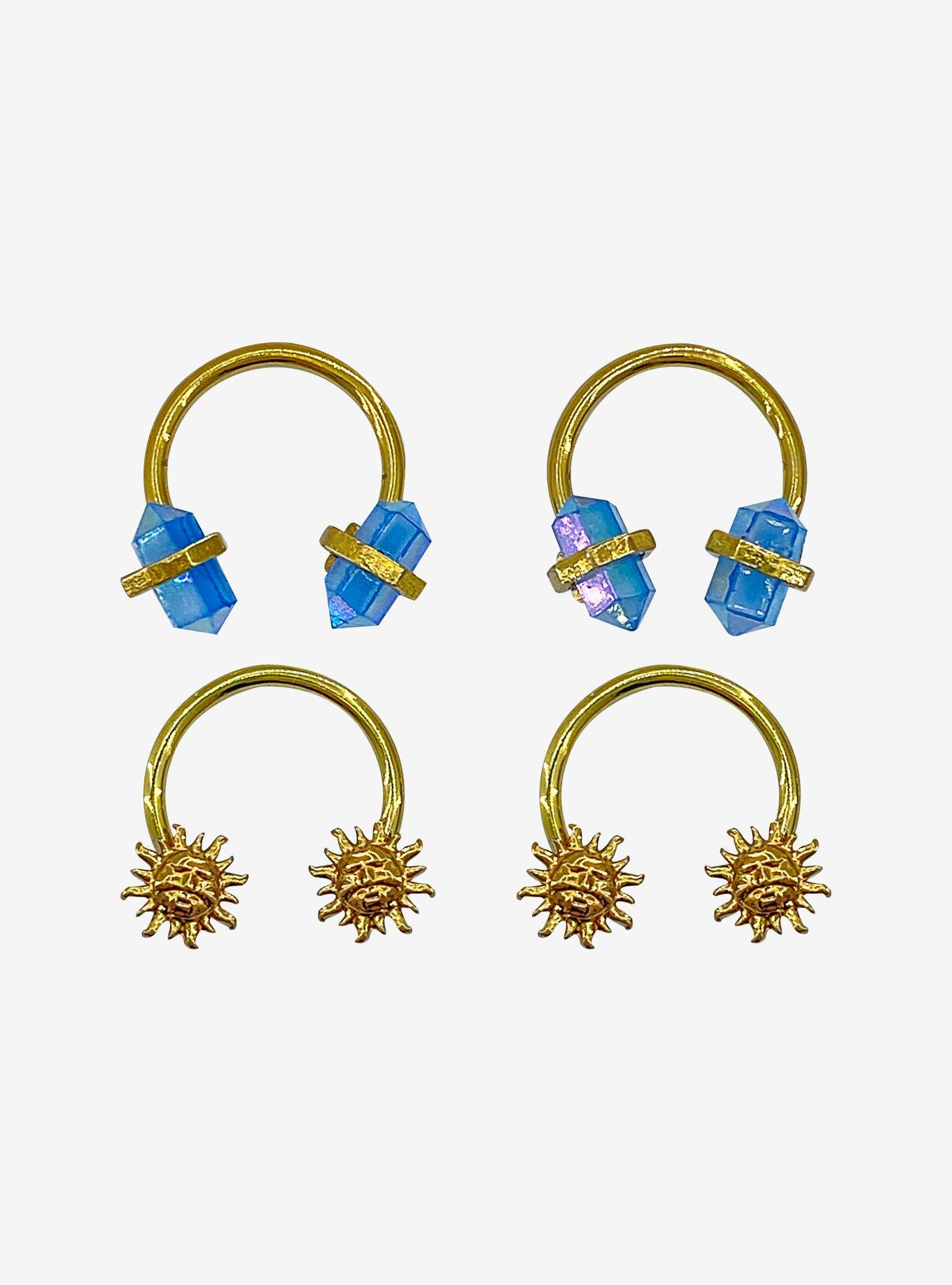 Steel Gold Sun & Crystal Circular Barbell 4 Pack, GOLD, hi-res