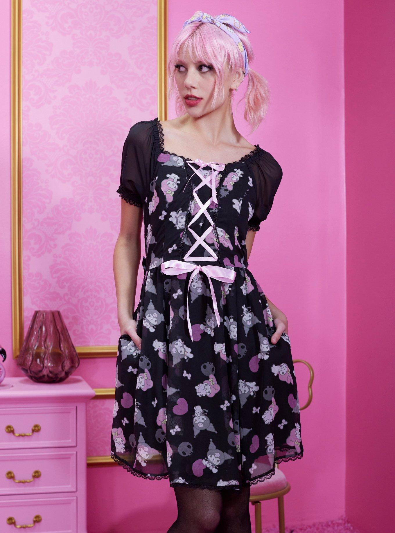 My Melody & Kuromi Lace-Up Chiffon Dress, MULTI, hi-res