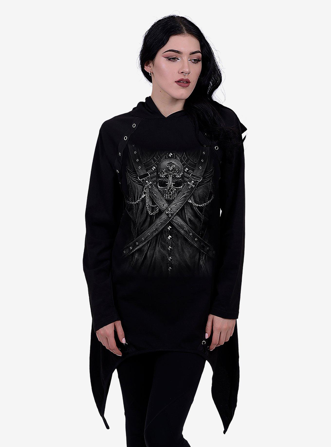 Strapped Lace Up Asymmetrical Hoodie, BLACK, hi-res