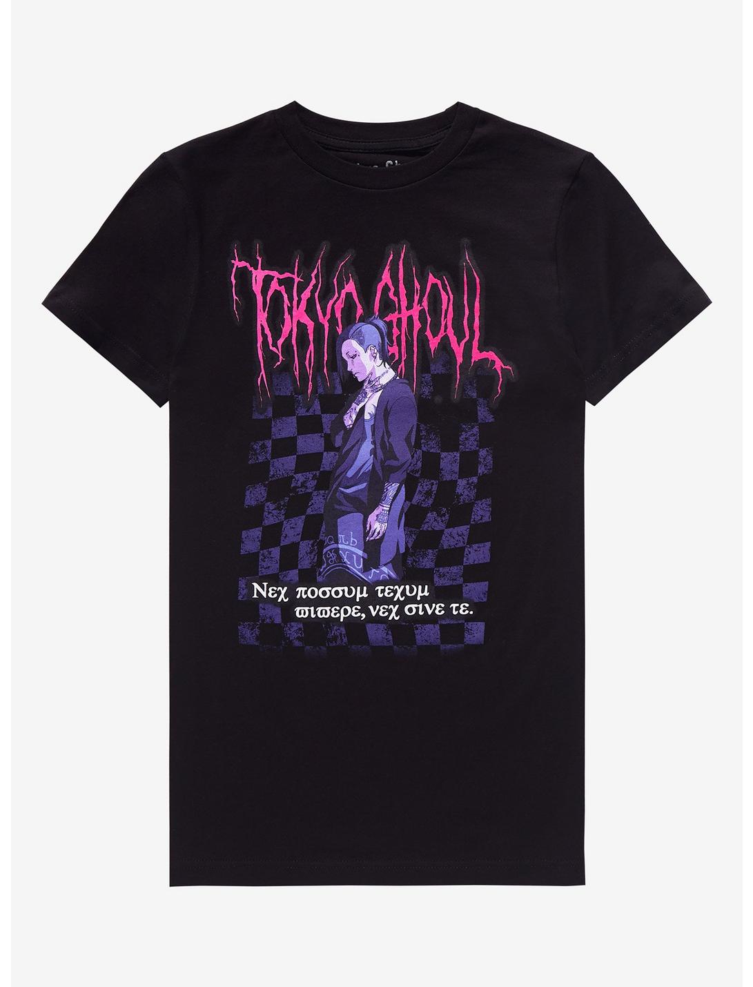 Tokyo Ghoul Uta Latin Tattoo Checkered Boyfriend Fit Girls T-Shirt, MULTI, hi-res