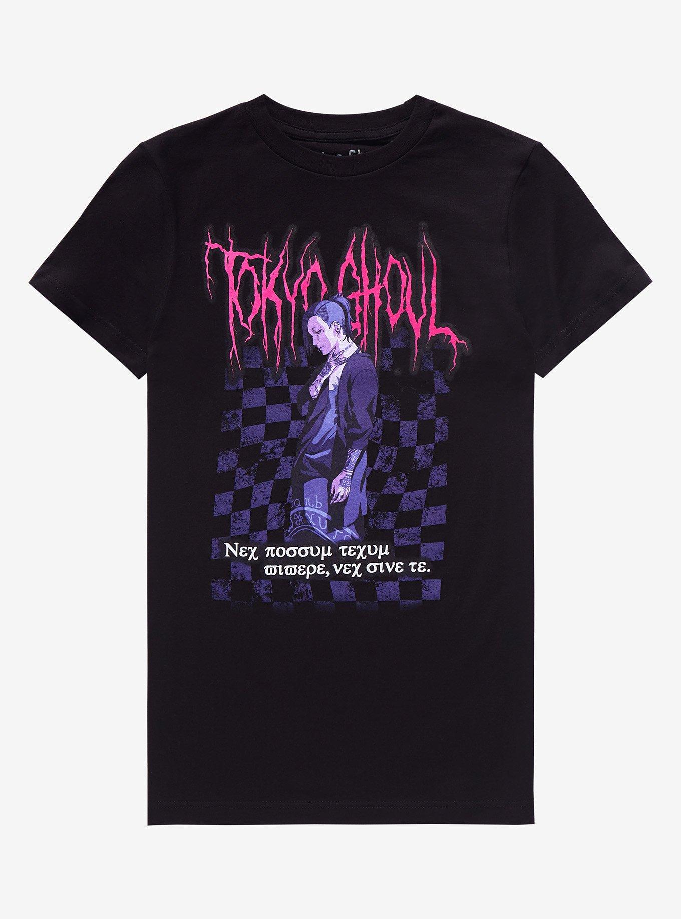 Tokyo Ghoul Uta Latin Tattoo Checkered Boyfriend Fit Girls T-Shirt, MULTI, hi-res