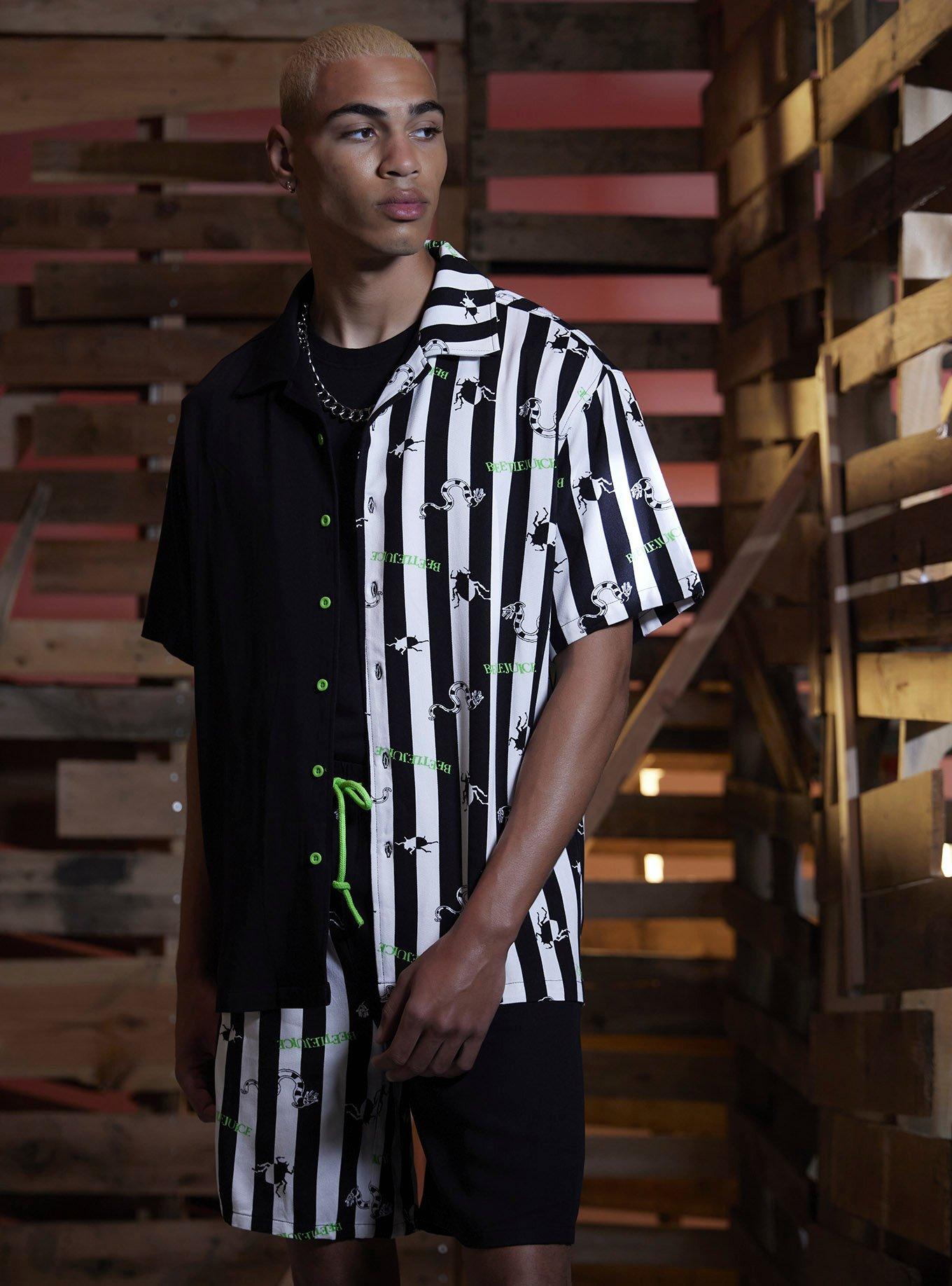 Beetlejuice Stripe Split Woven Button-Up, BLACK, hi-res