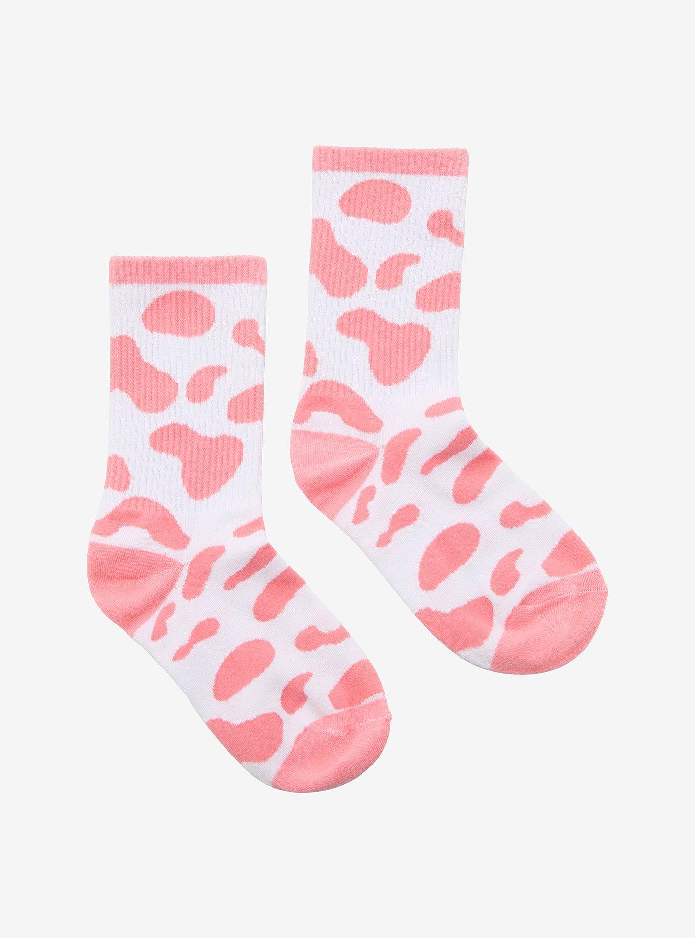 Pink Cow Print Crew Socks, , hi-res