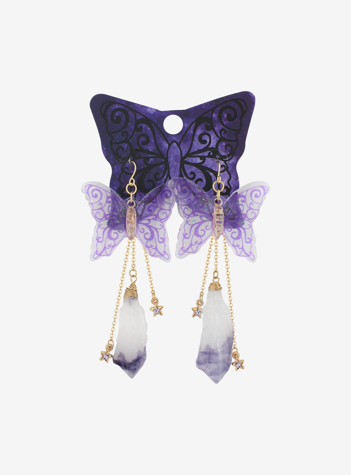 Purple Butterfly And Faux Crystal Drop Earrings Hot Topic