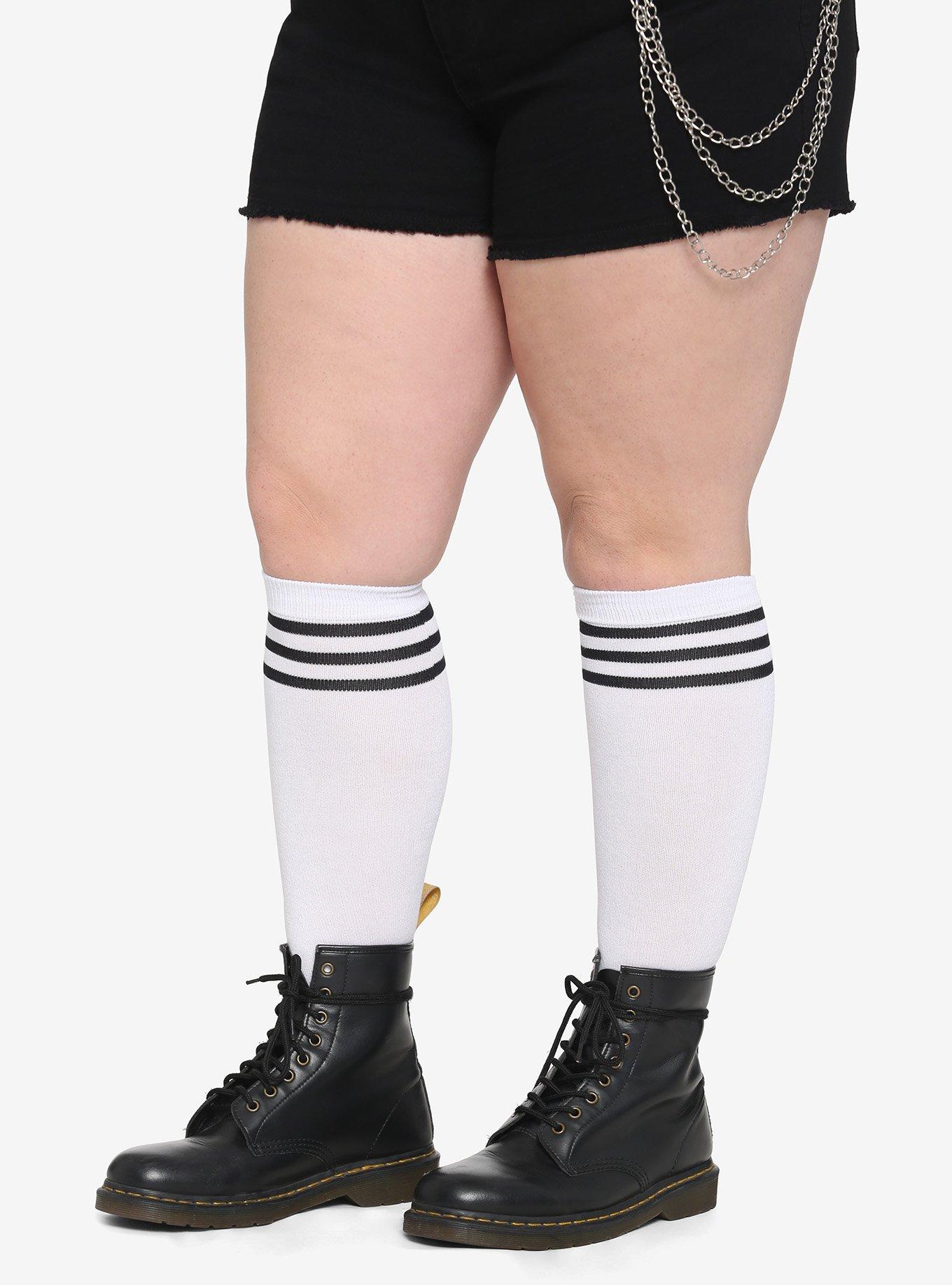 White Black Varsity Stripe Knee-High Socks Plus Size, , hi-res