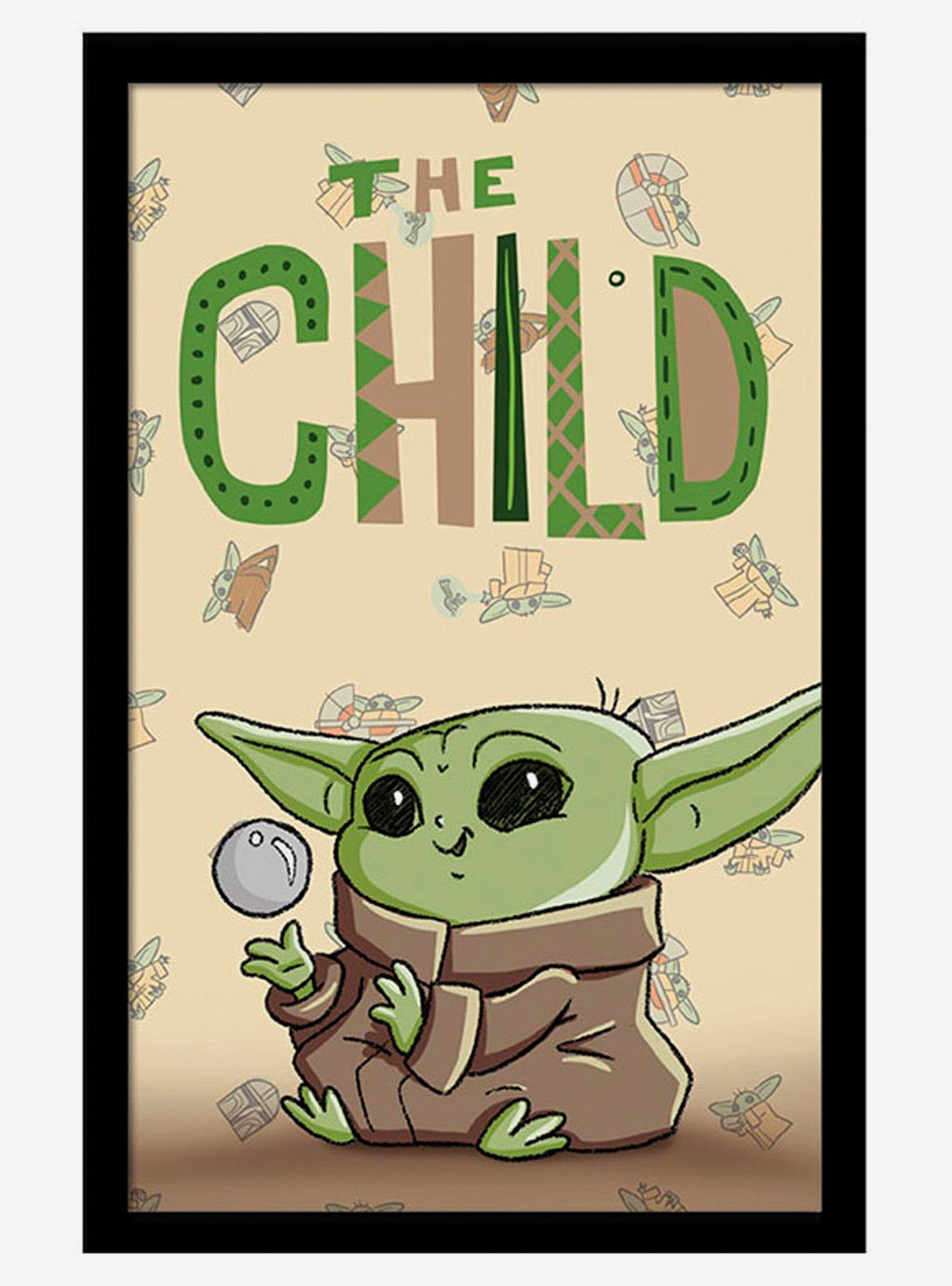 Star Wars The Mandalorian Child Illustration Framed Wood Wall Art