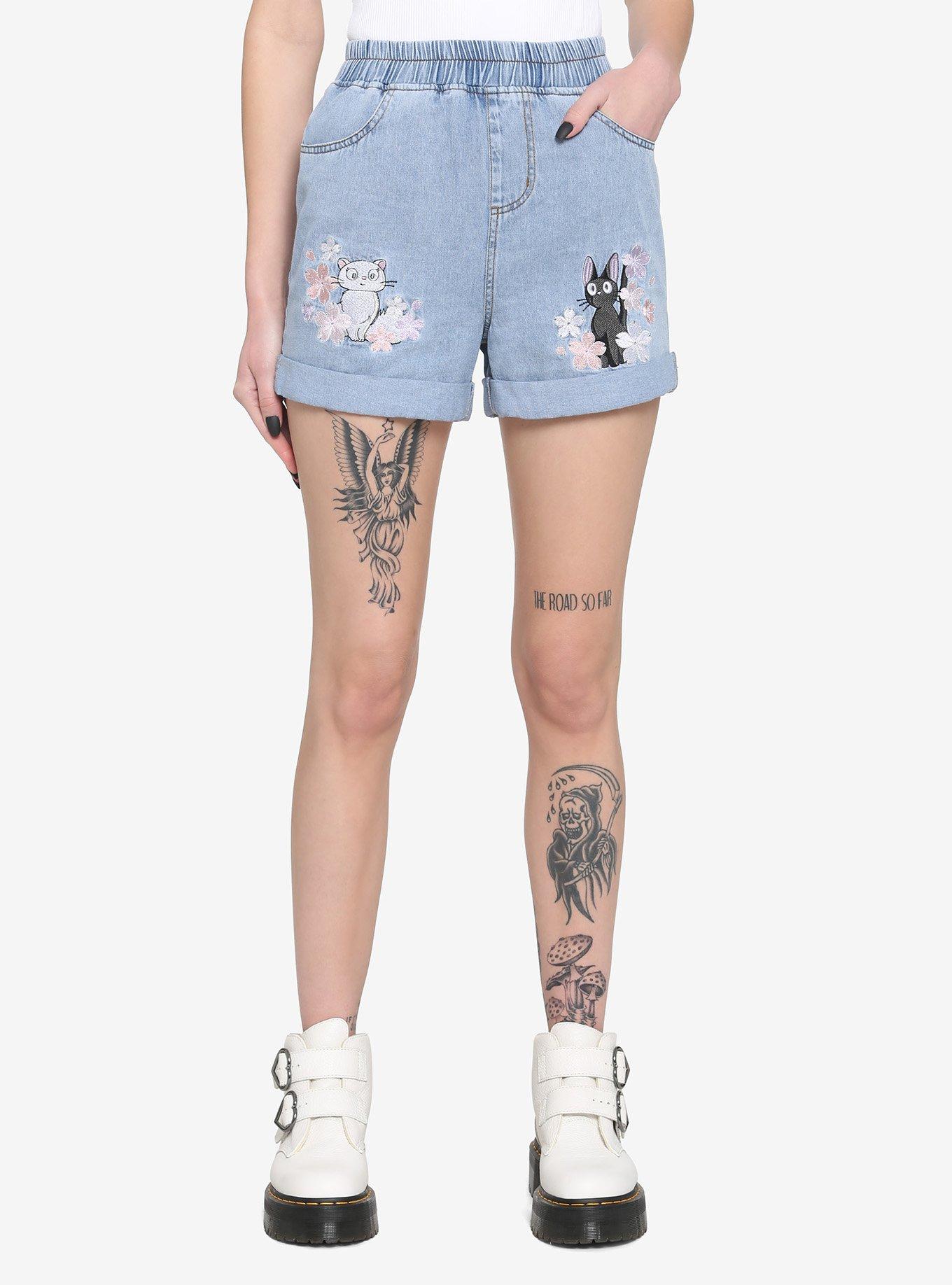 Studio Ghibli Kiki's Delivery Service Jiji & Lily Elastic High-Waisted Denim Shorts, MULTI, hi-res